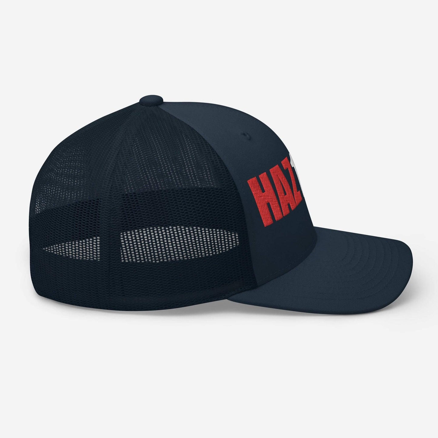 Black trucker cap with red "HAZ" lettering, featuring a structured six-panel design and mesh back, ideal for firefighter apparel.