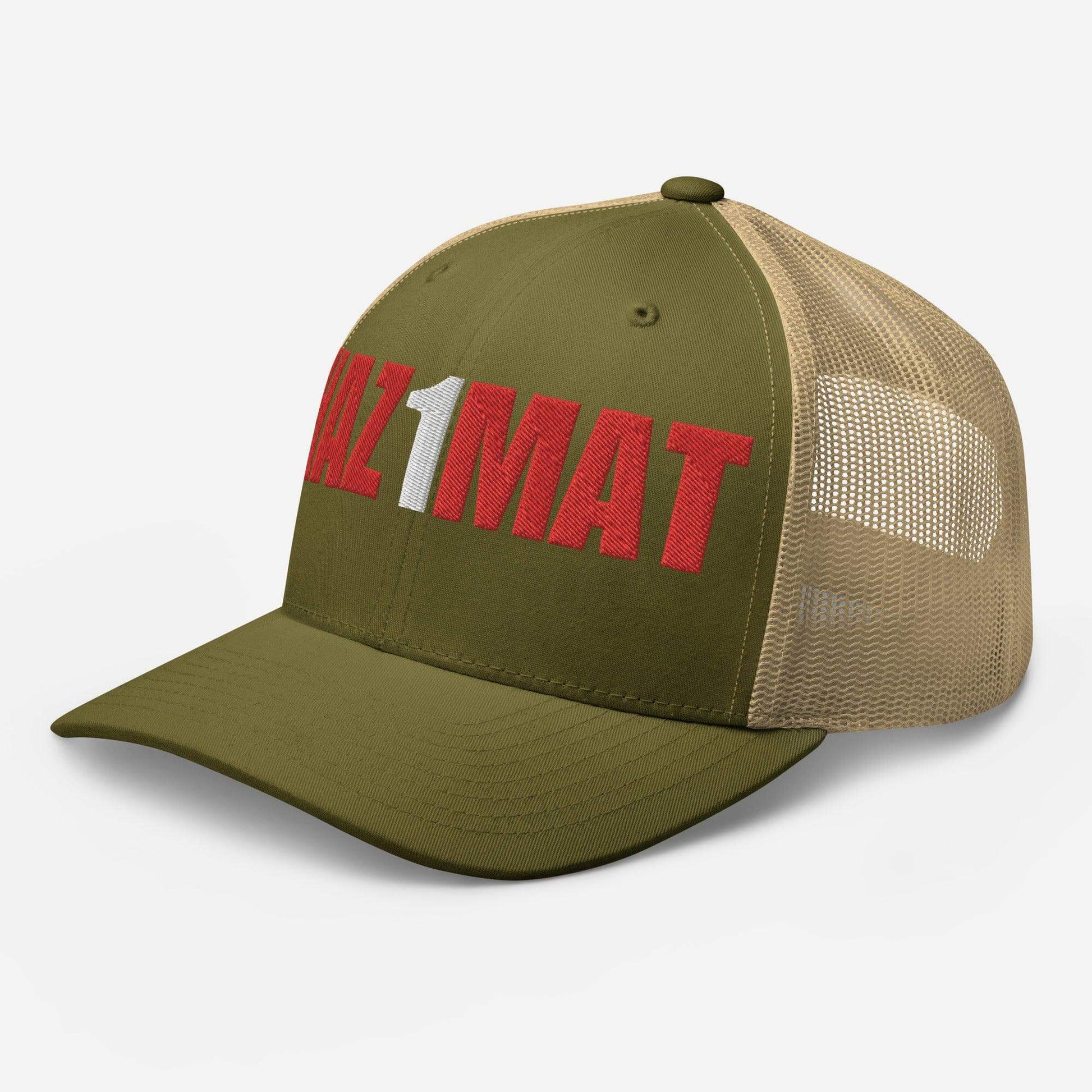 Olive green trucker cap with bold red lettering, perfect for firefighter gifts and outdoor activities.