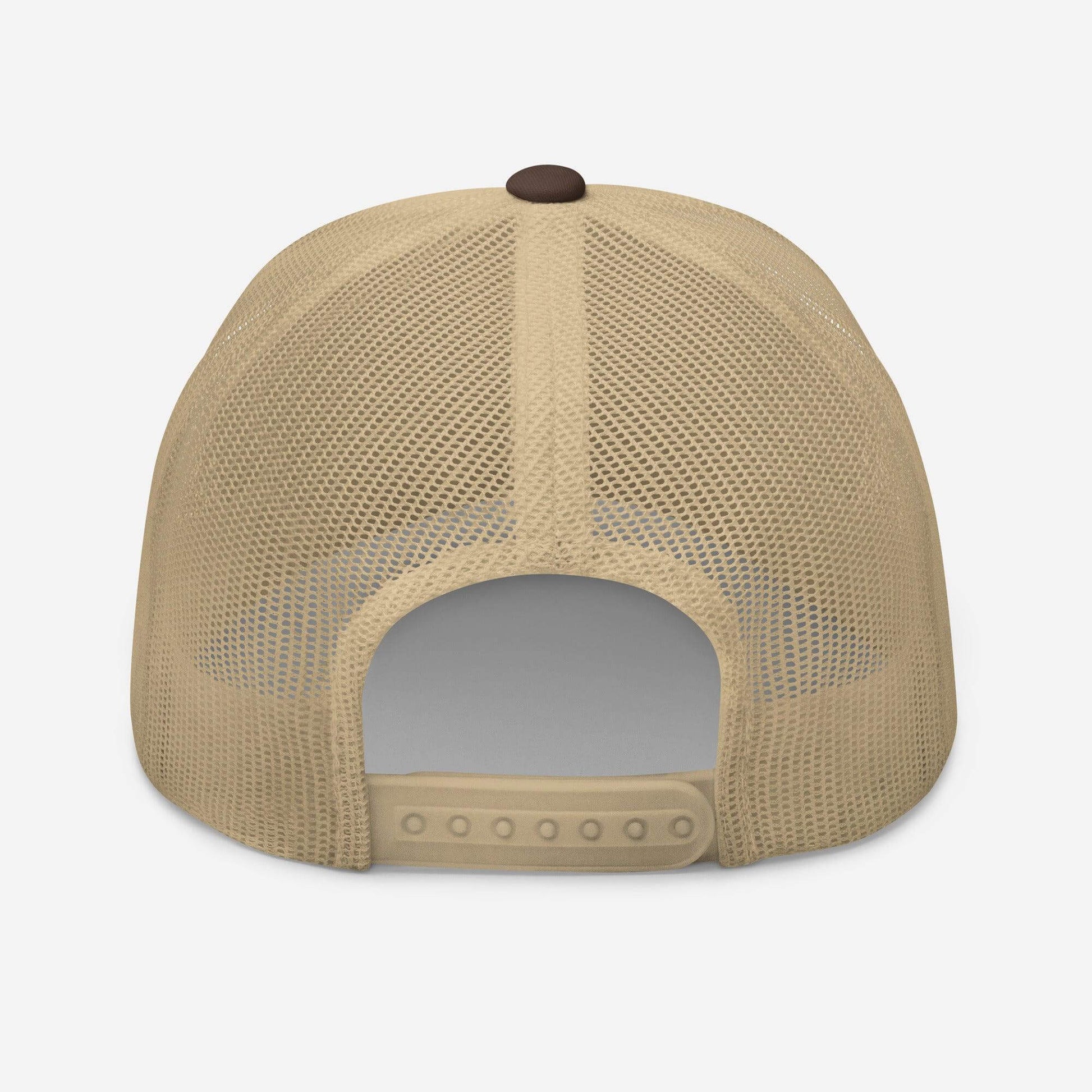 Rear view of a beige trucker cap with mesh back and adjustable plastic closure, perfect for firefighter gear and gifts.