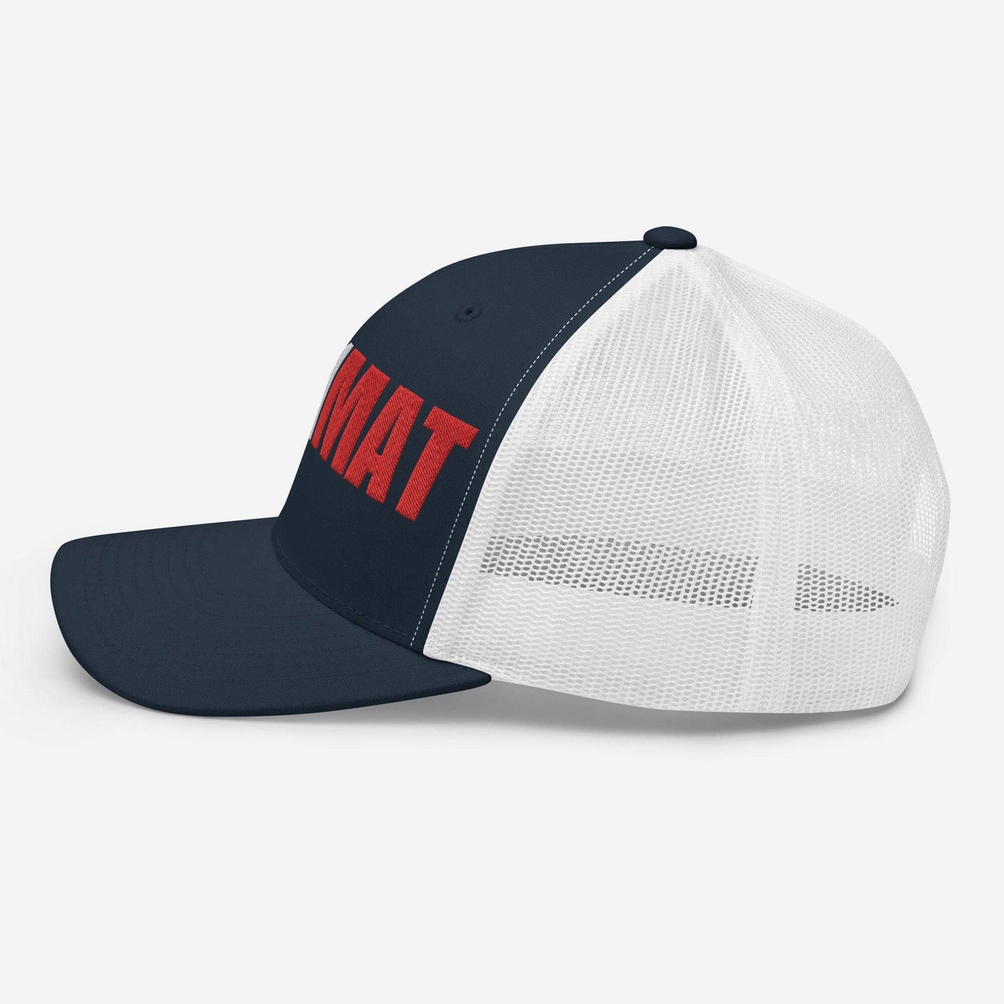 Side view of a navy trucker cap with a mesh back, featuring bold red lettering, ideal for firefighter gifts and apparel.