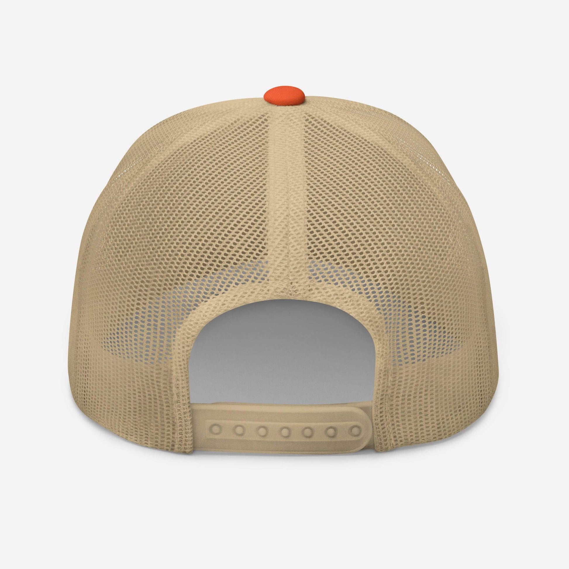 Back view of a beige trucker cap with mesh panels and plastic adjustable closure, perfect for firefighter gear and gifts.
