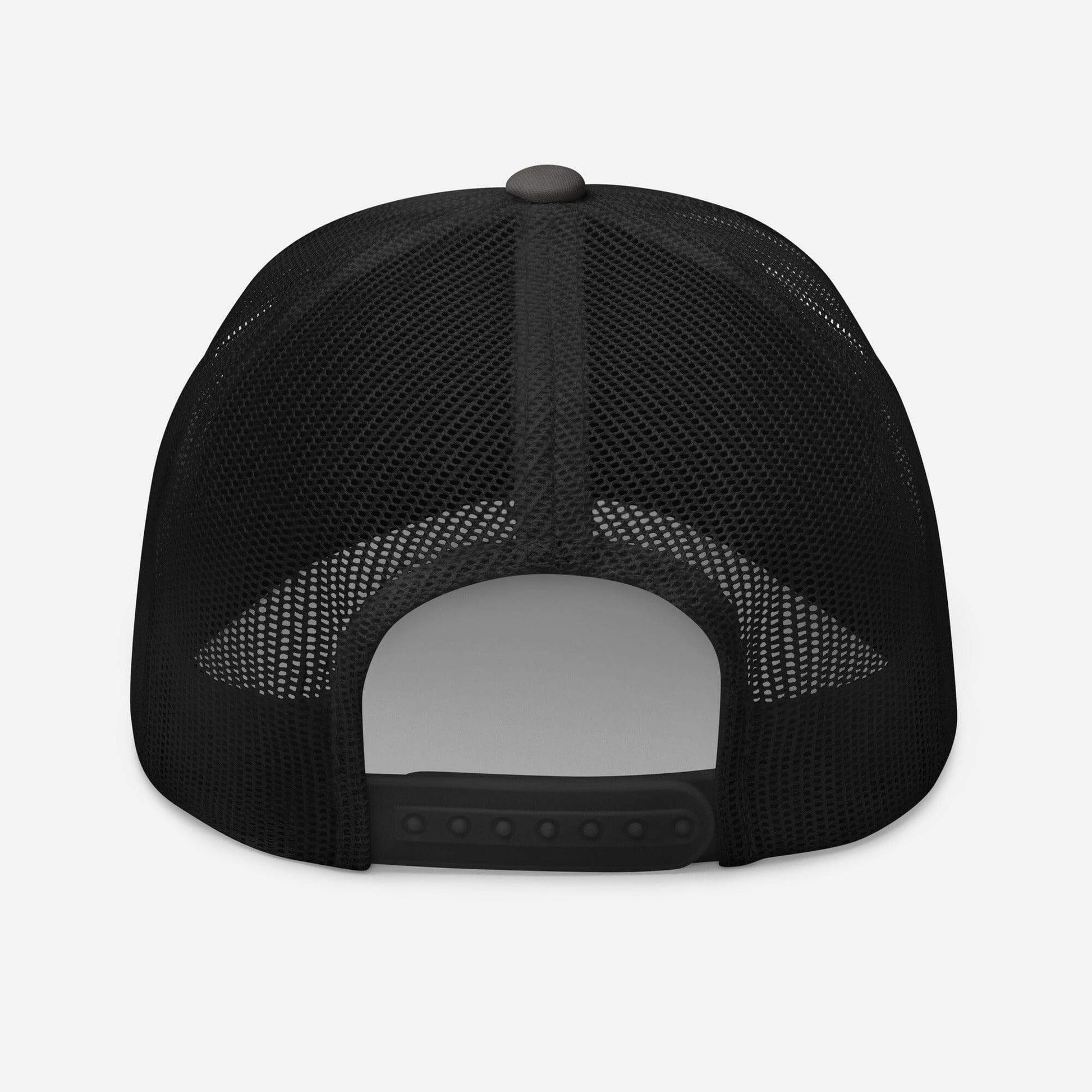 Back view of a black trucker cap featuring a mesh design and adjustable plastic closure, perfect for firefighter apparel.