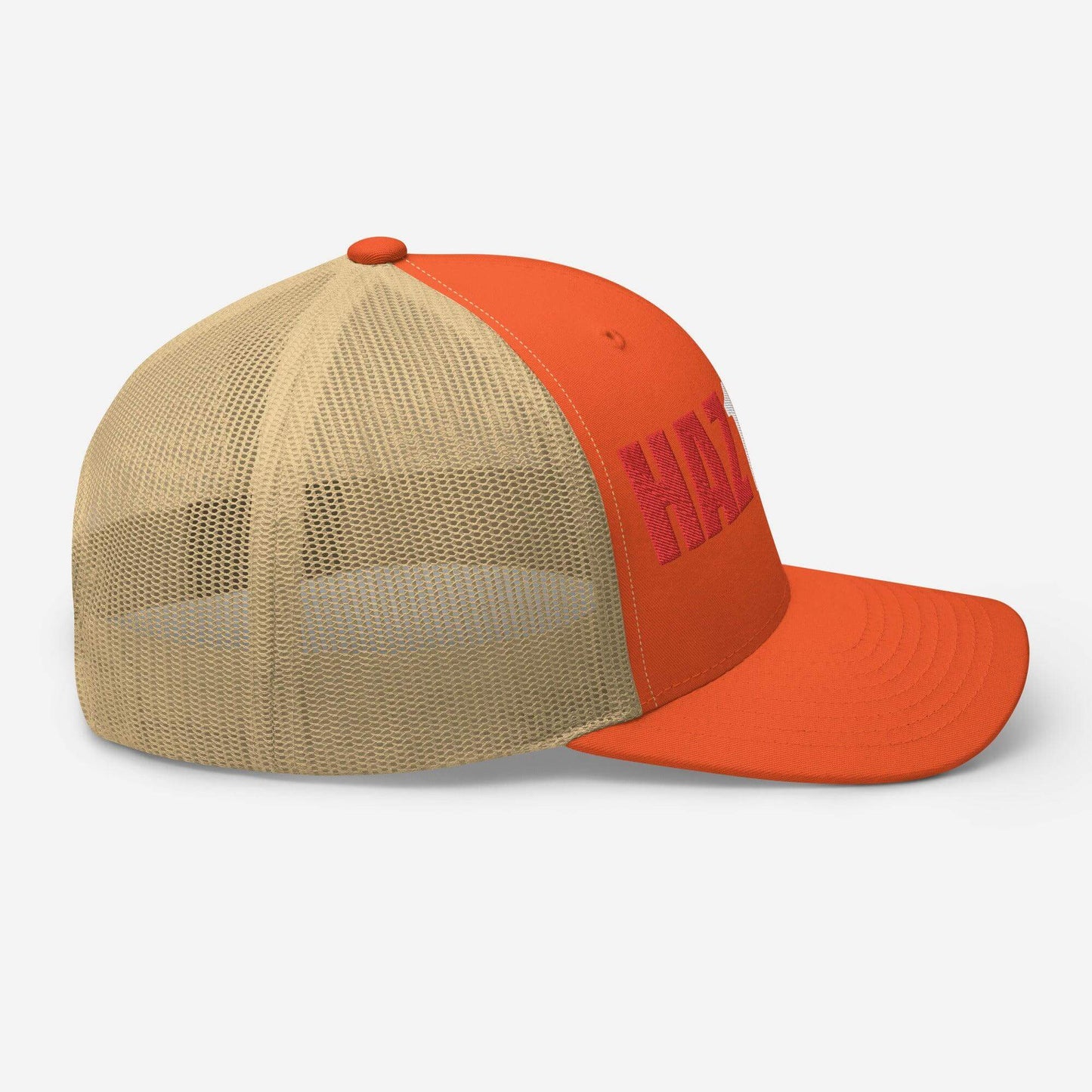 Six-panel trucker cap in orange and tan, featuring a mesh back, perfect for firefighter gifts and apparel.