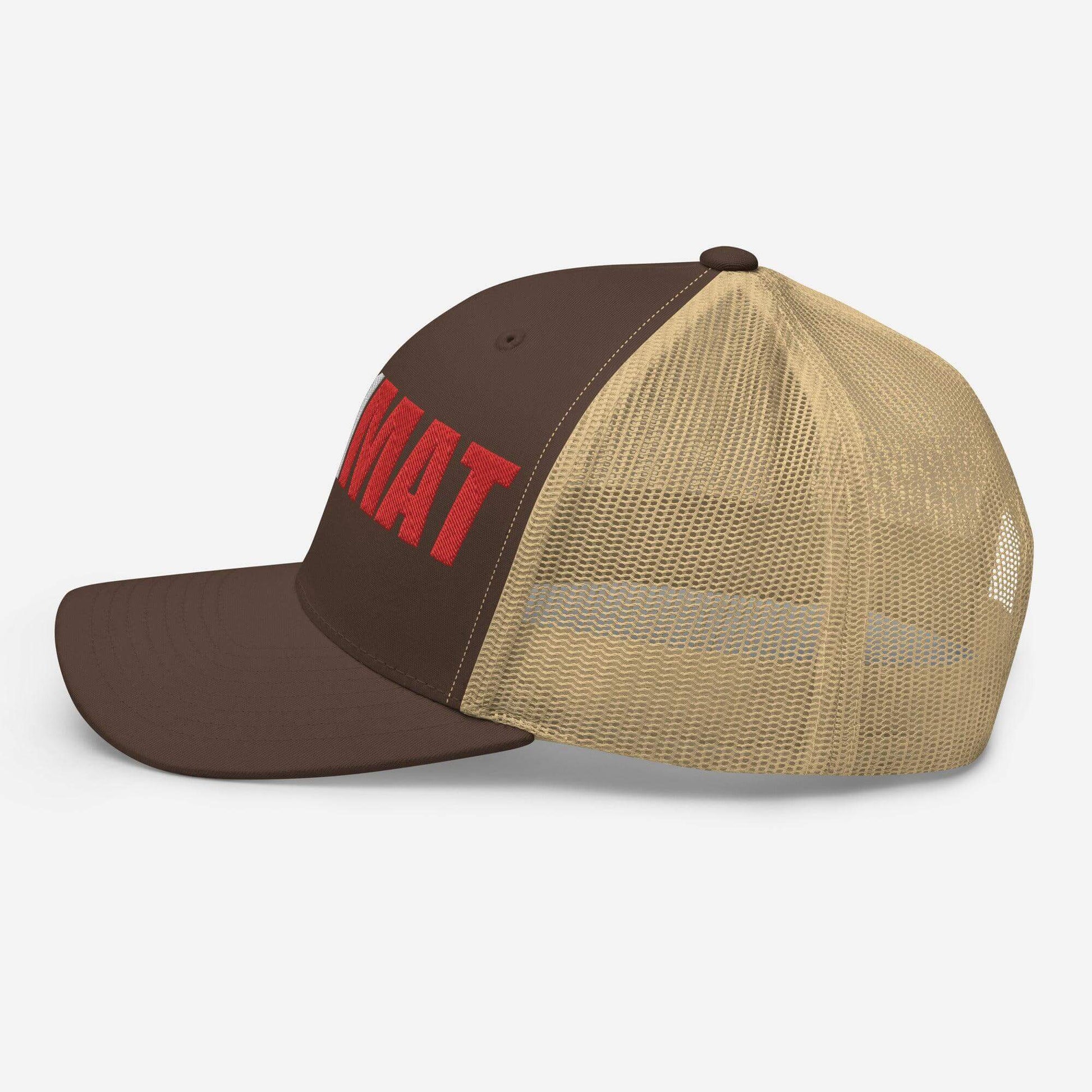 Brown six-panel trucker cap with mesh back, featuring bold red "FIREMAT" text, ideal for firefighter apparel and gifts.
