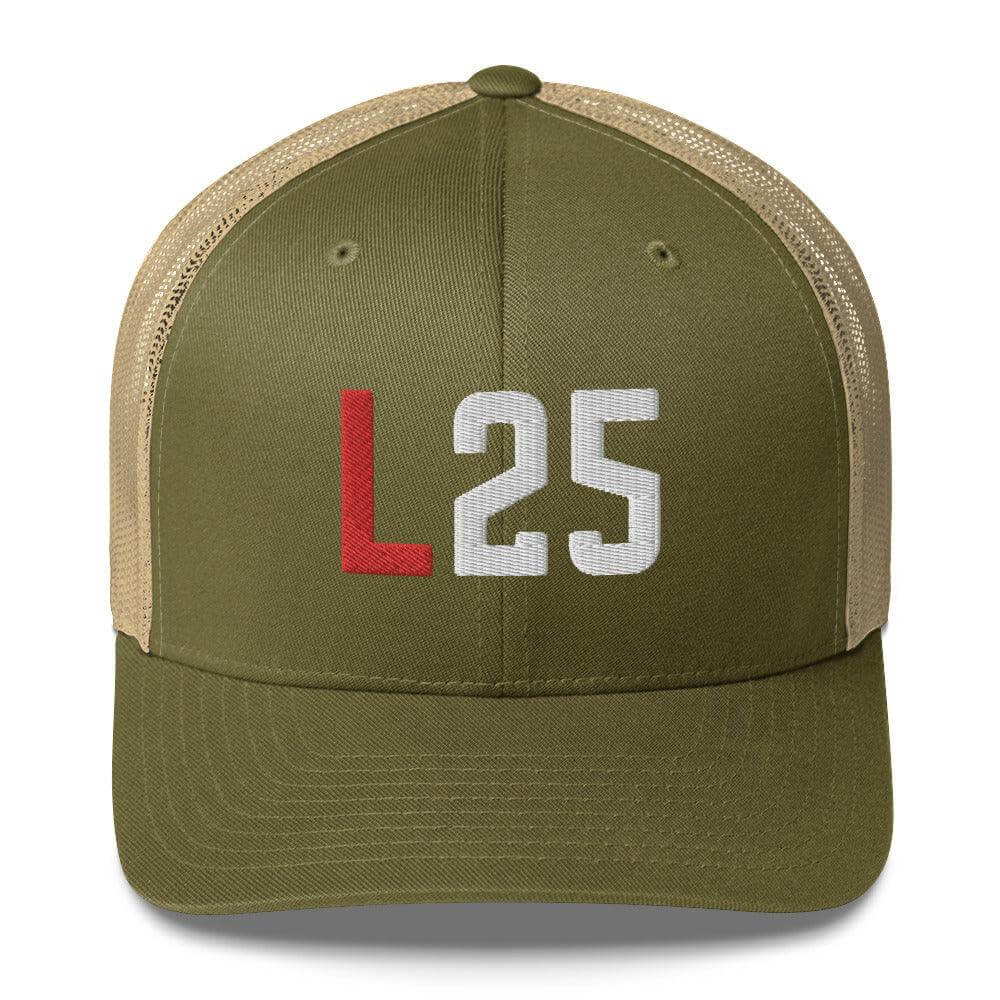 Six-panel trucker cap with mesh back, featuring L25 design; perfect for firefighter apparel and gifts.
