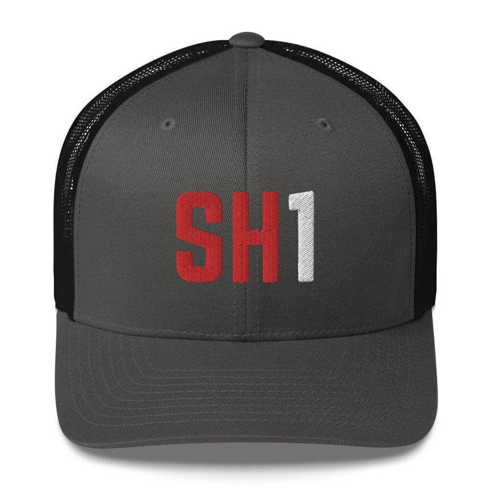 Trucker cap with SH1 design, perfect firefighter gear for a sunny day, featuring a mesh back and adjustable closure.
