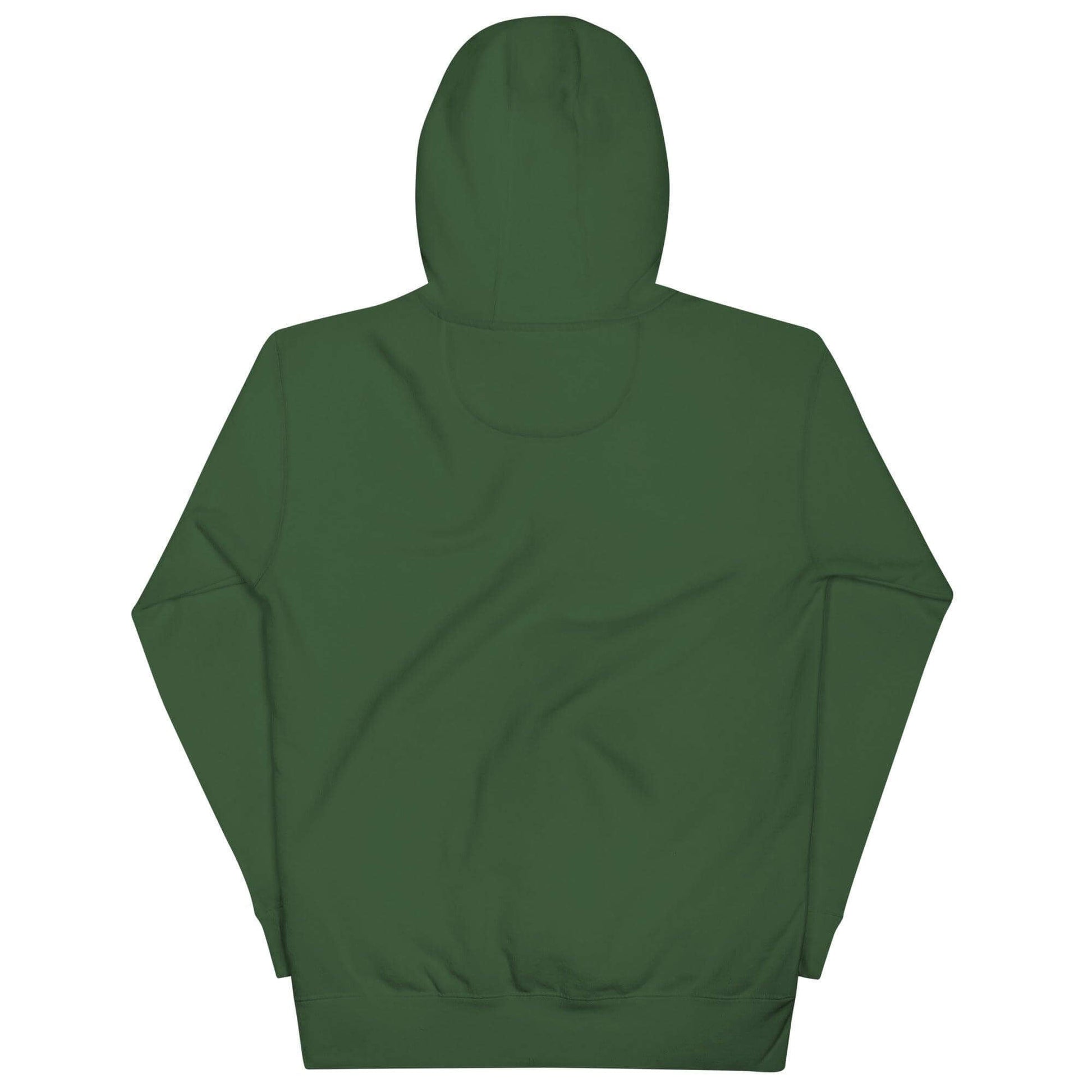 Back view of a unisex green hoodie, perfect for firefighter apparel and streetwear style. Ideal firehouse gift.