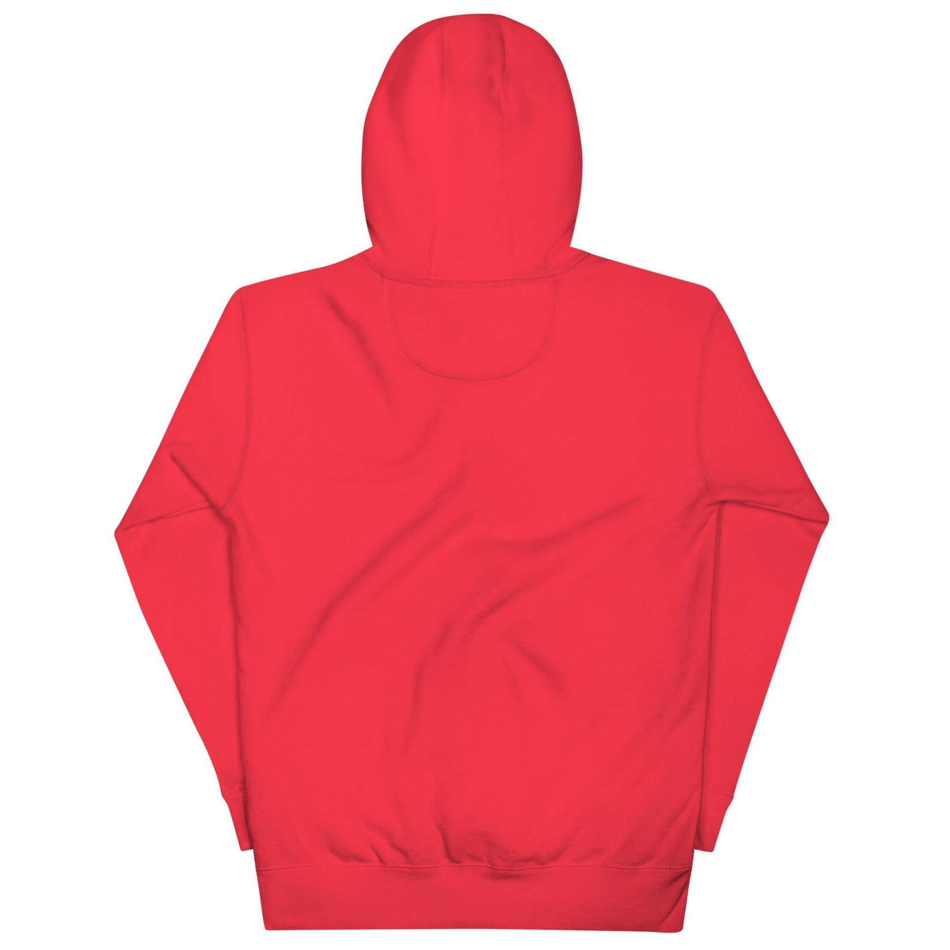 Red unisex hoodie back view, featuring a classic design ideal for firefighter gifts and apparel.