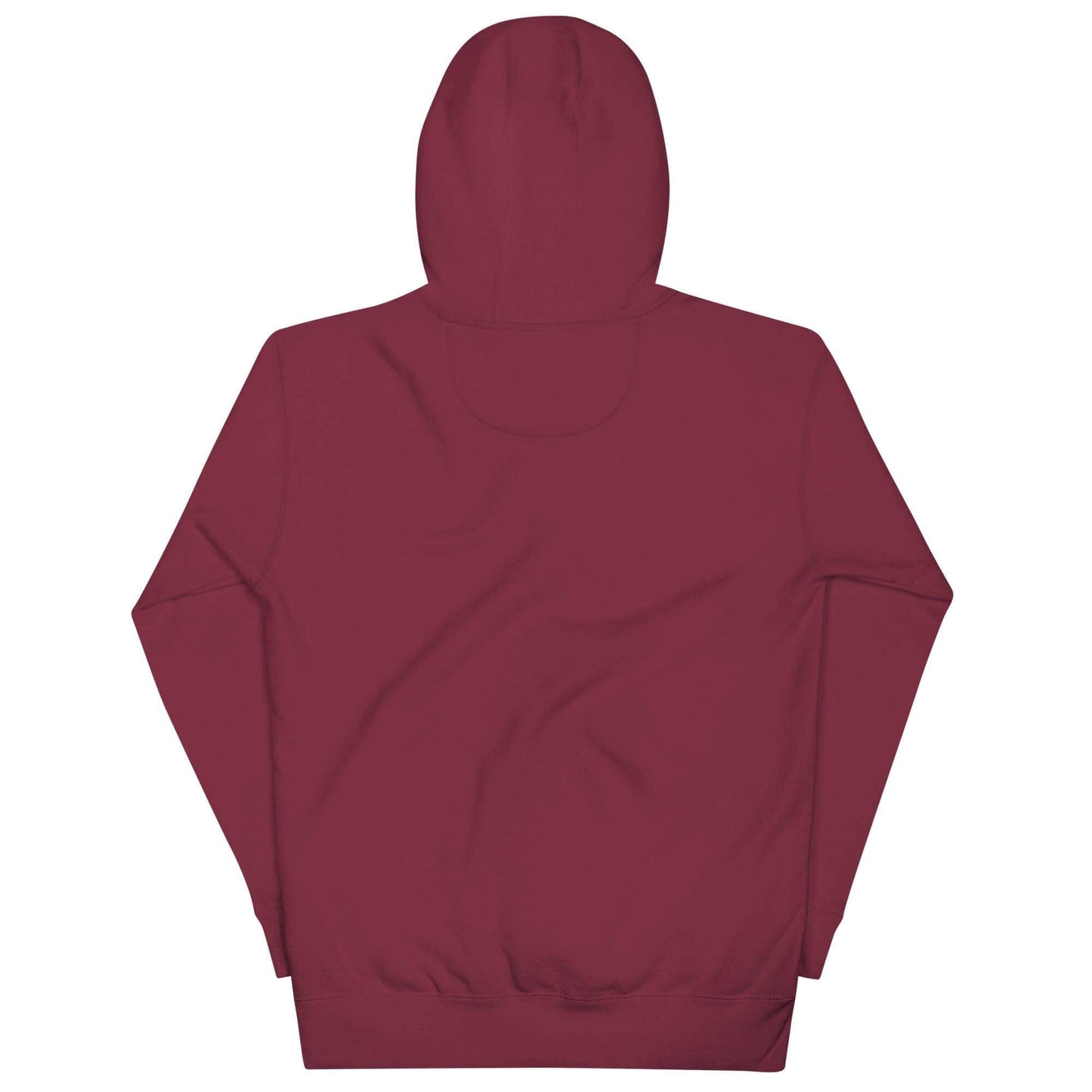 Back view of unisex maroon hoodie, featuring a warm hood, ideal for firefighter apparel and gifts.