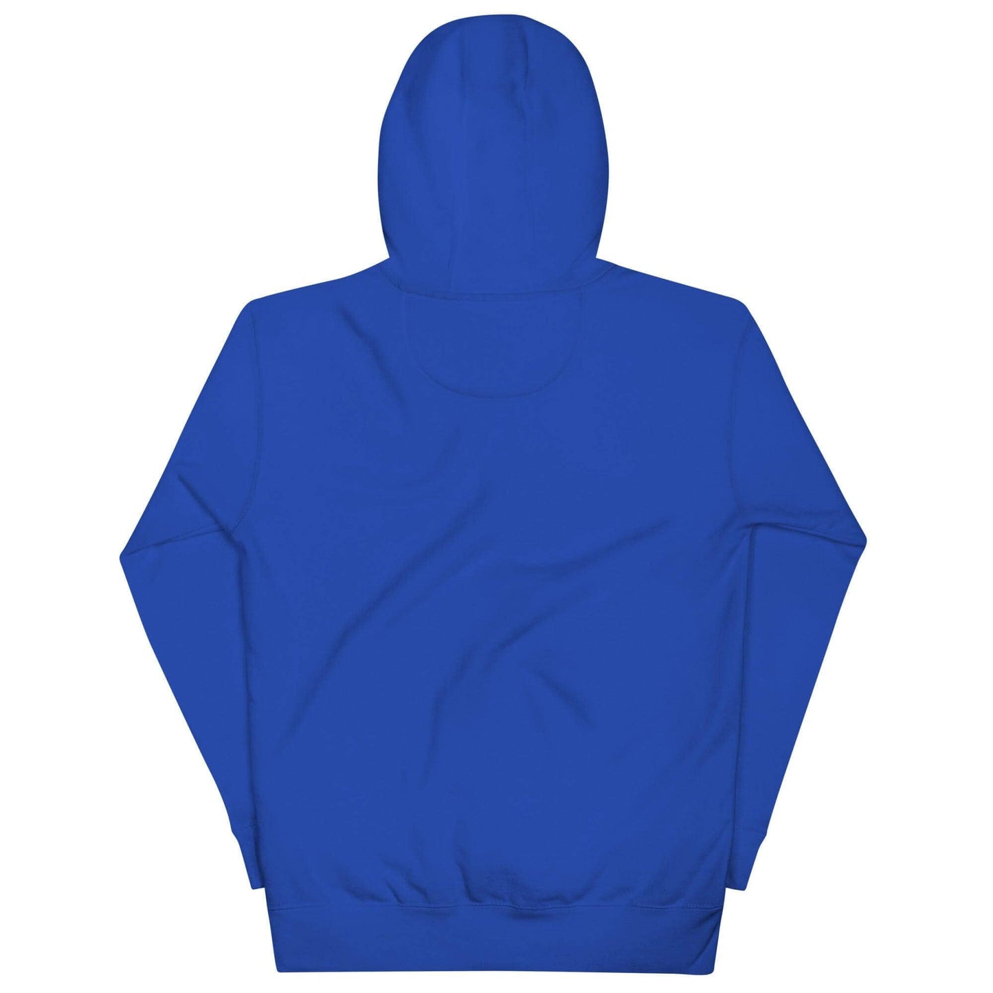 Back view of unisex blue hoodie with a warm hood, ideal for firefighter apparel and gifts.