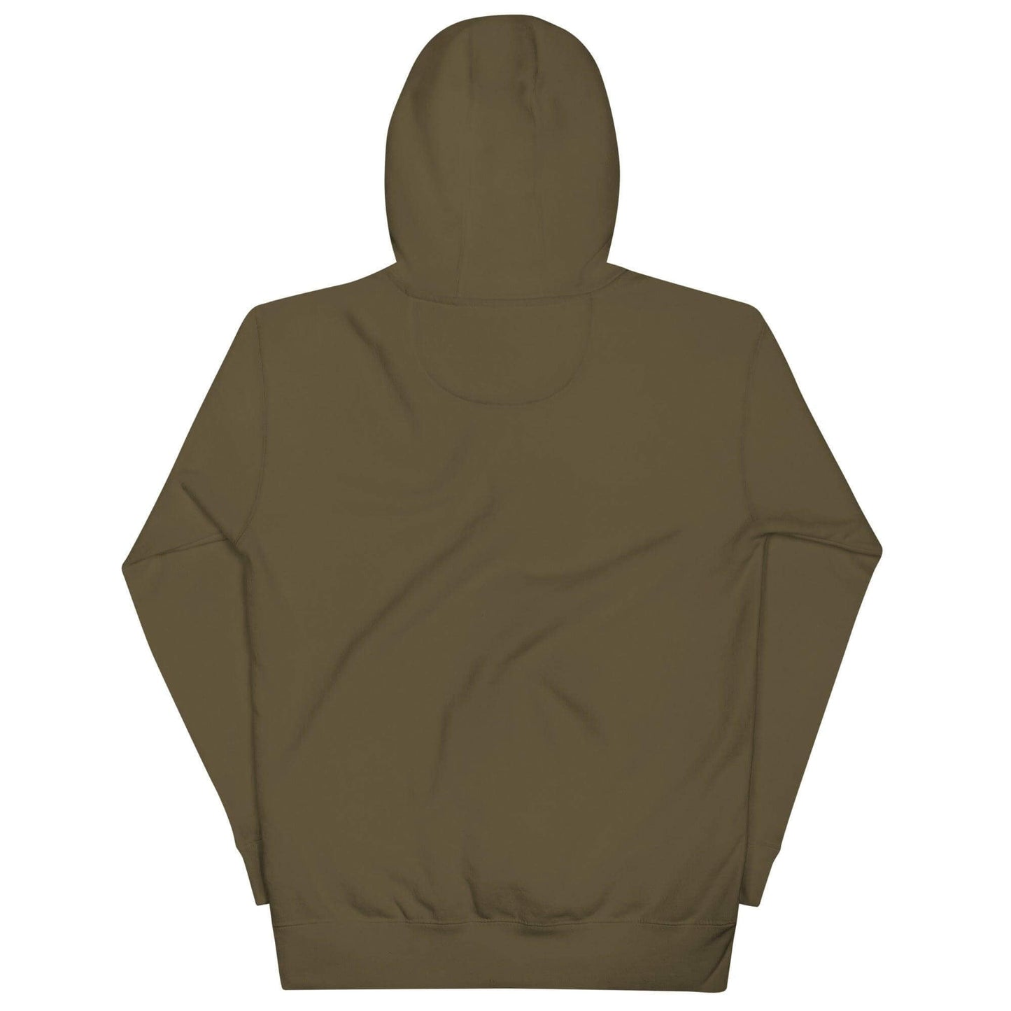 Back view of unisex olive green hoodie with a warm hood and pouch pocket, perfect for firefighter apparel and gifts.