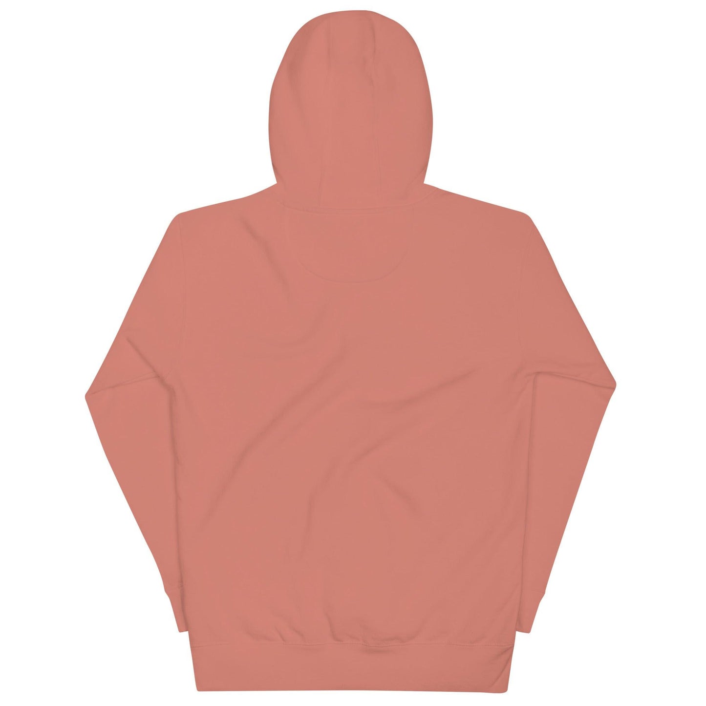 Back view of a unisex hoodie in a soft coral color, featuring a warm hood and convenient pouch pocket. Ideal for firefighter apparel.