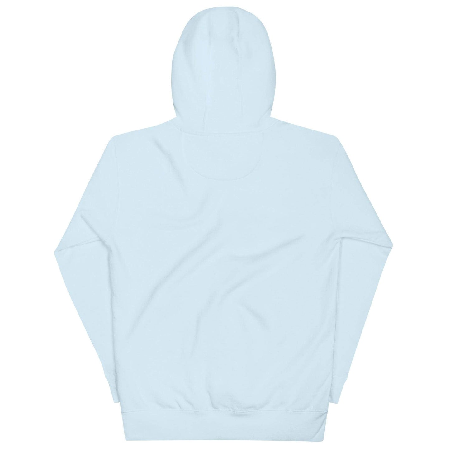 Back view of a light blue unisex hoodie, featuring a warm hood and classic streetwear design, ideal for firefighter gifts.