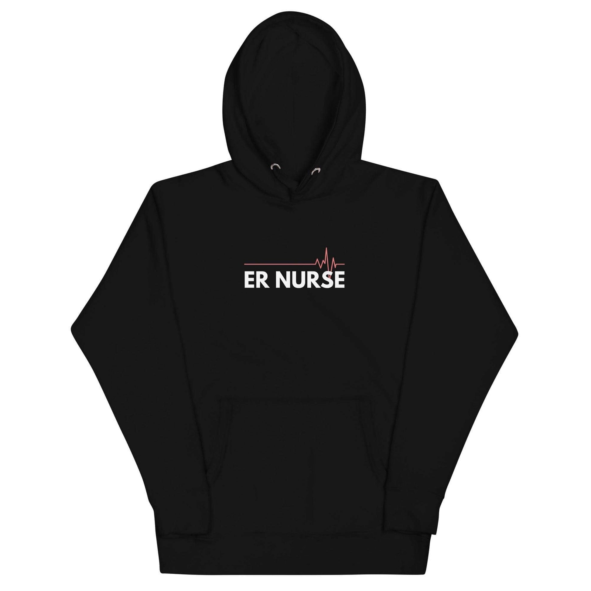 Black unisex hoodie with "ER NURSE" text and heartbeat graphic, ideal for healthcare professionals and gifts.