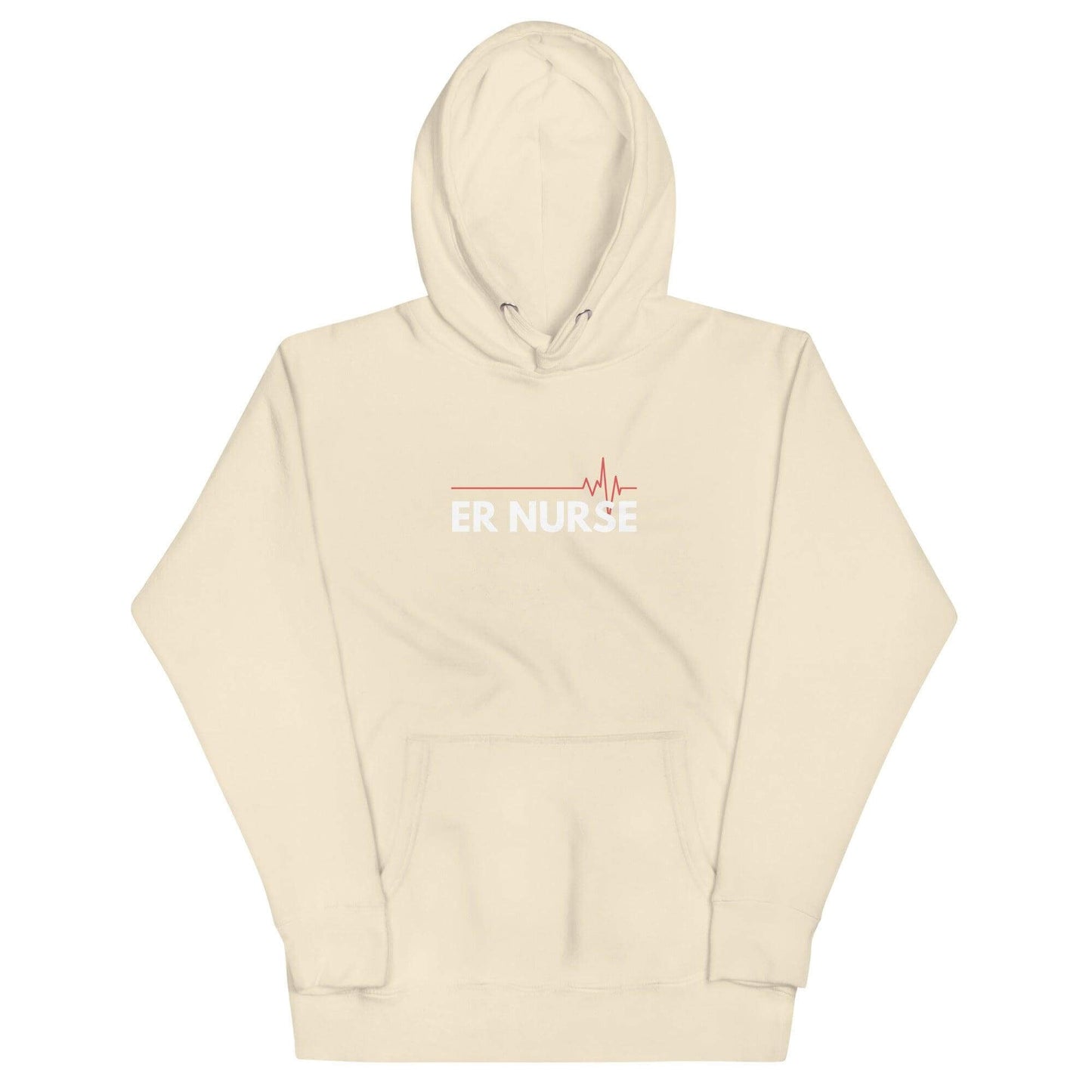 Cream hoodie with "ER NURSE" text and heartbeat design, perfect for healthcare professionals and gifts.