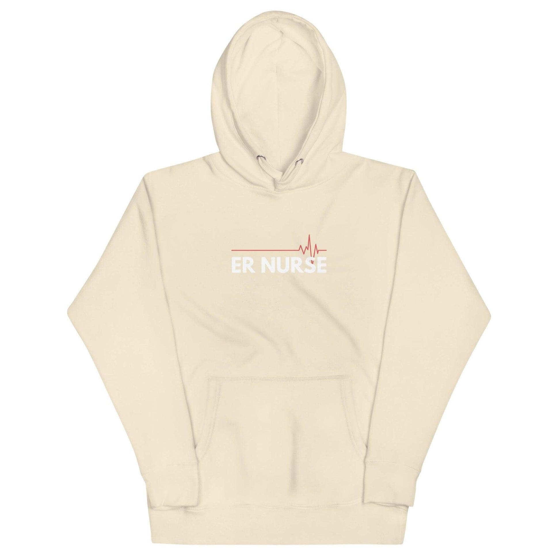 Cream hoodie with "ER NURSE" text and heartbeat design, perfect for healthcare professionals and gifts.