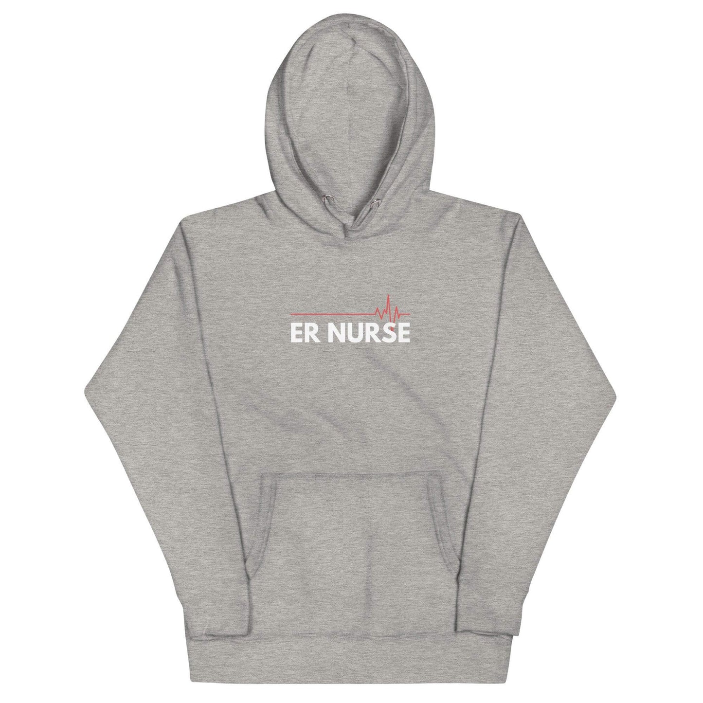 Grey hoodie with "ER NURSE" text design, perfect gift for healthcare professionals and nurses.