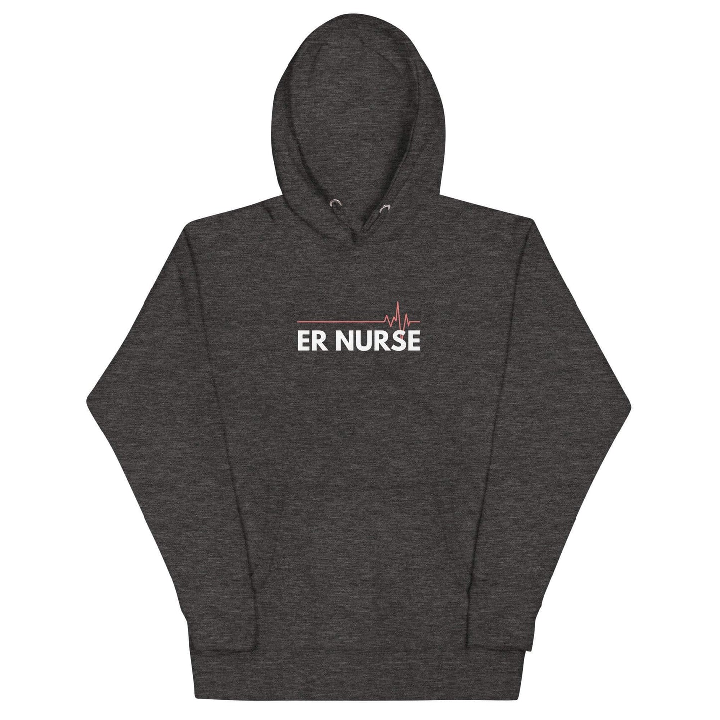 Dark gray unisex hoodie featuring "ER NURSE" text and heartbeat graphic, perfect for healthcare professionals and nurses.