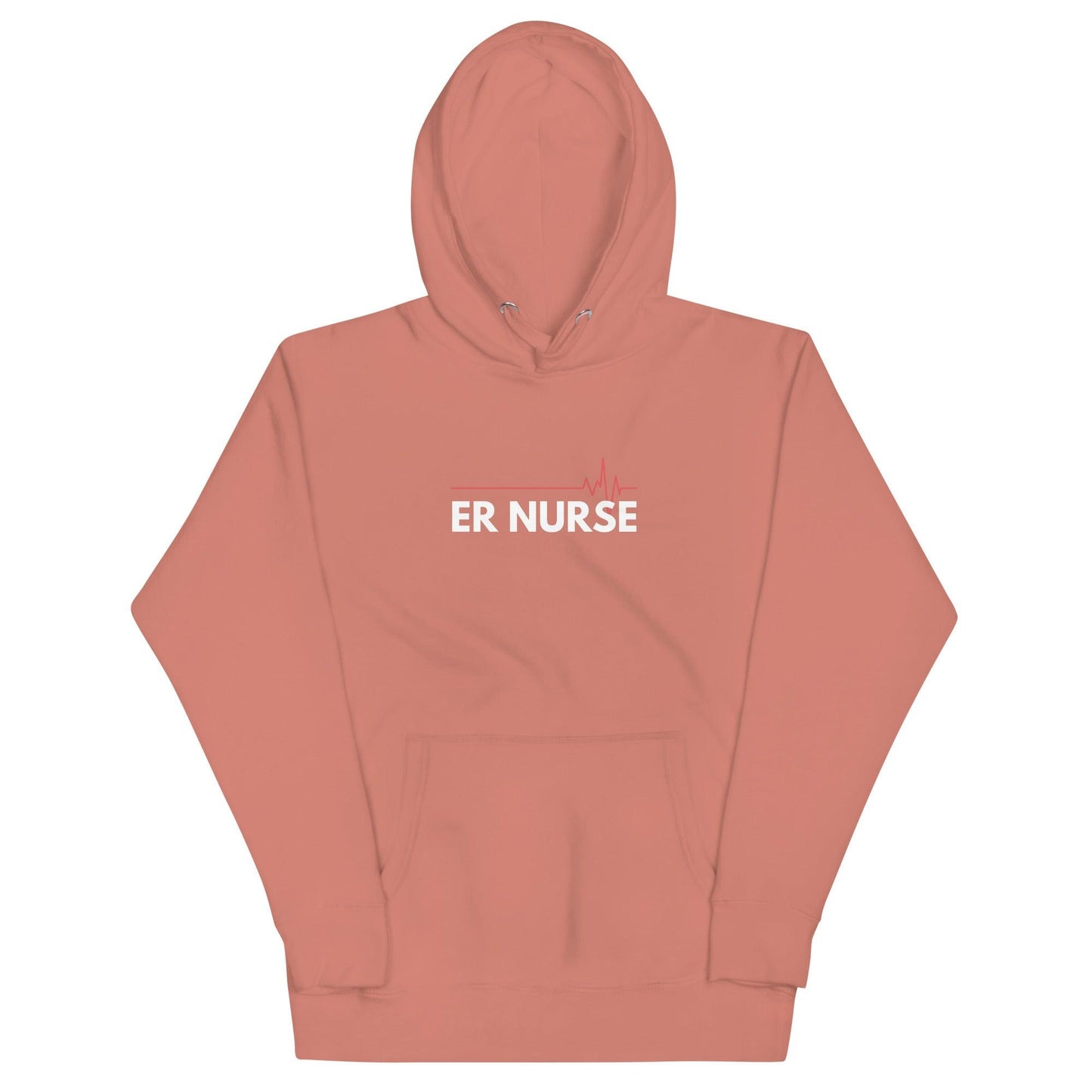 ER nurse hoodie in coral with front pocket and heartbeat graphic, perfect for healthcare professionals and gifts.