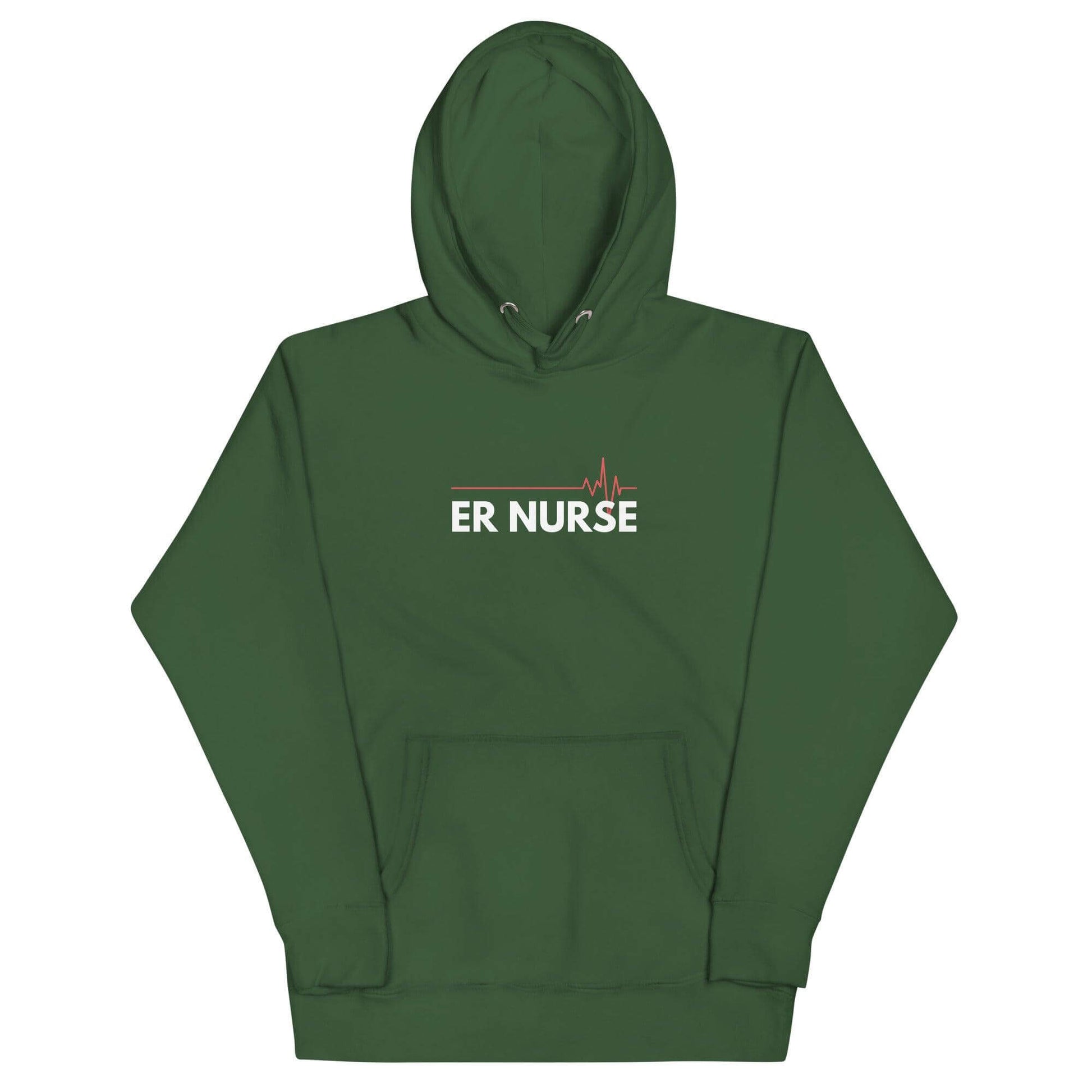 Unisex green hoodie with "ER NURSE" text and heartbeat graphic, perfect for healthcare professionals and nurse gifts.