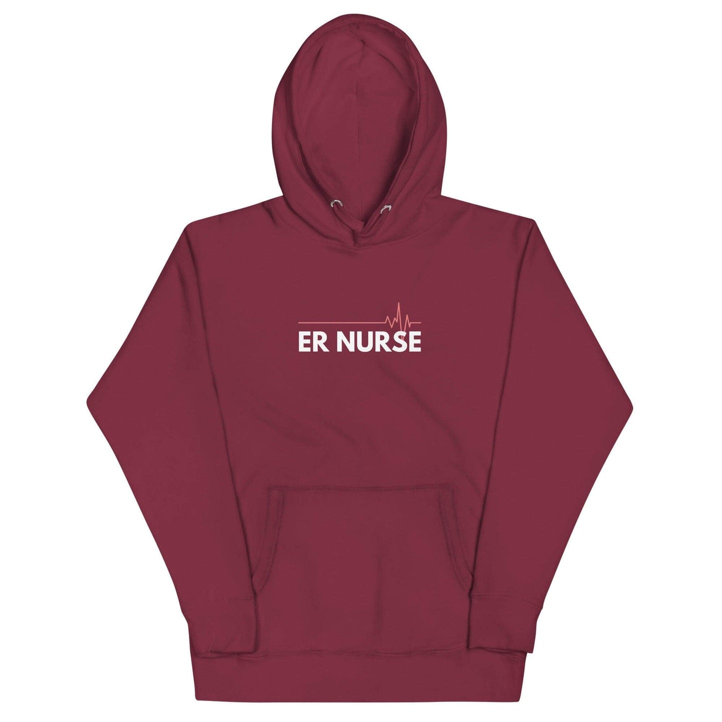 Unisex maroon hoodie featuring "ER NURSE" text with heartbeat graphic, perfect for medical professionals and nurse apparel.