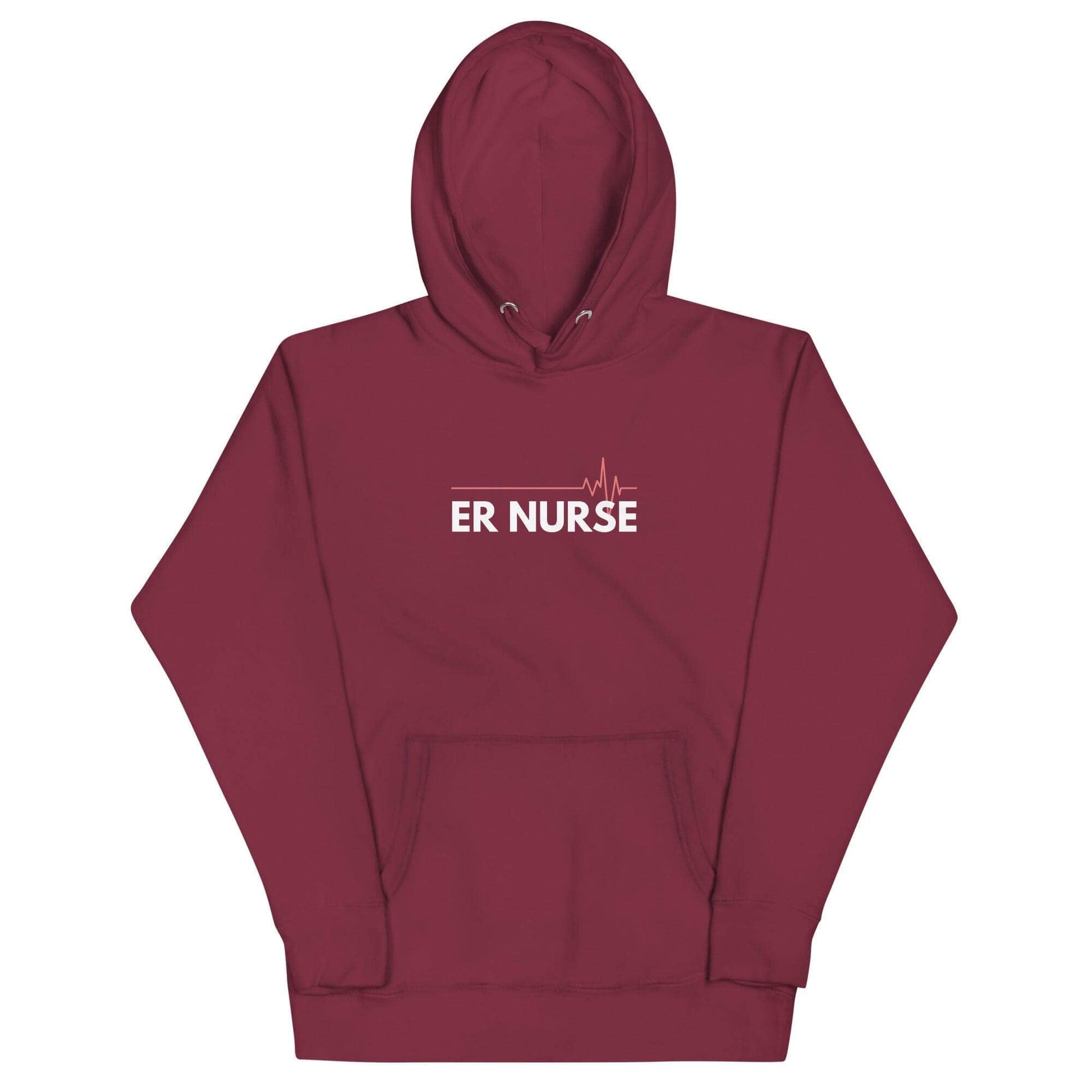 Unisex maroon hoodie featuring "ER NURSE" text with heartbeat graphic, perfect for medical professionals and nurse apparel.