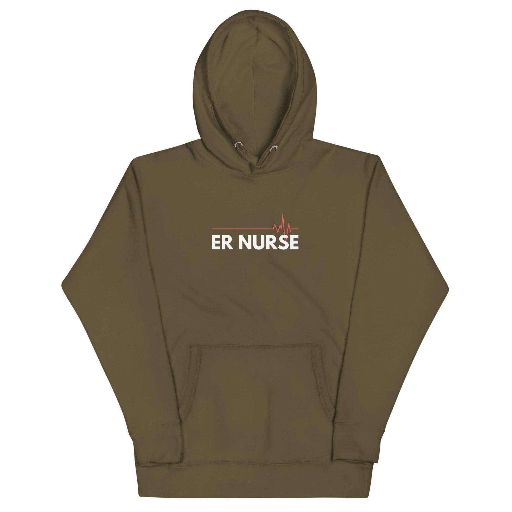 Unisex olive green hoodie with "ER NURSE" text and heartbeat design, perfect for healthcare professionals.