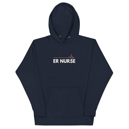 Unisex navy hoodie with "ER NURSE" graphic and heartbeat design, perfect for healthcare professionals and nurse gifts.