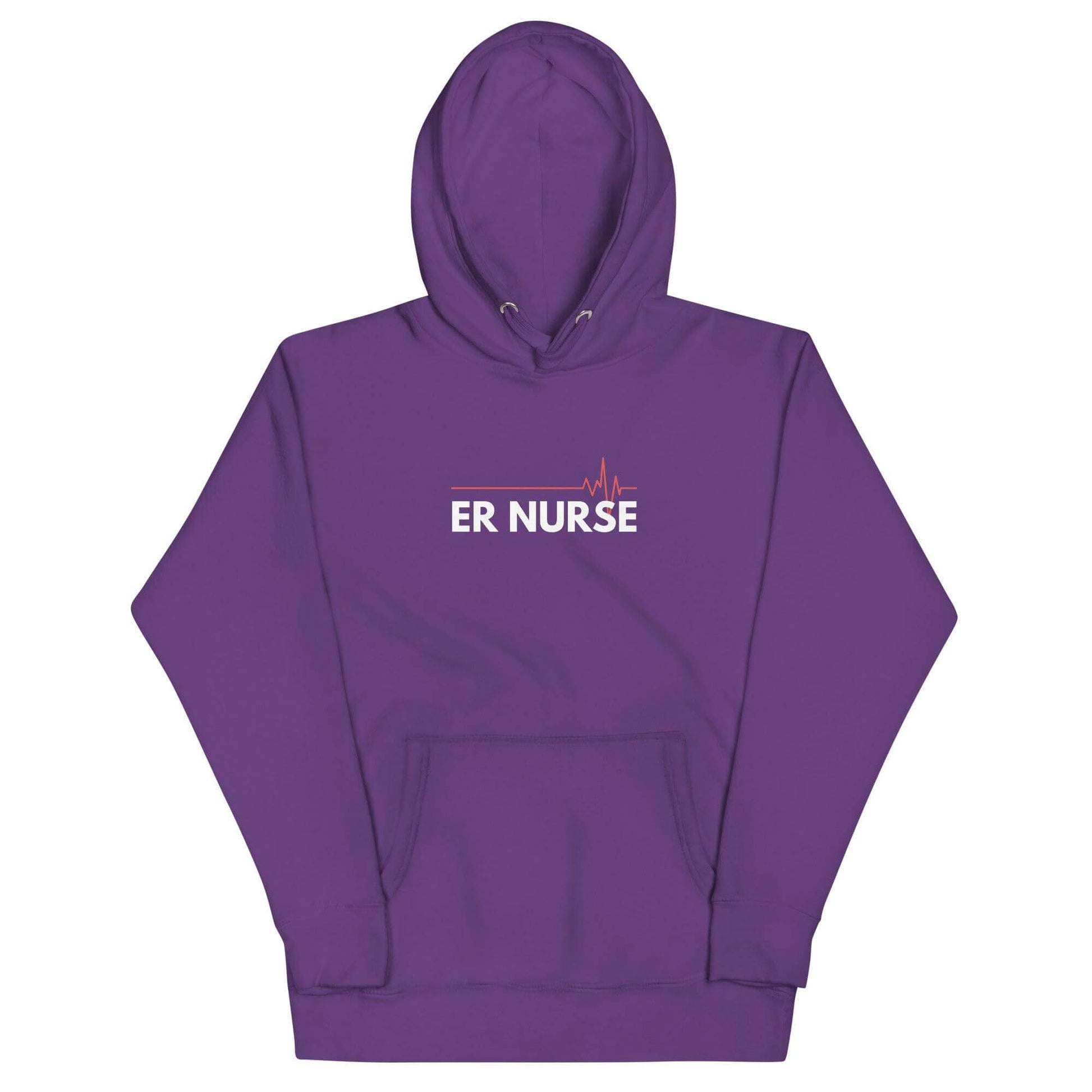 Purple hoodie with "ER NURSE" text and heartbeat design, perfect for healthcare professionals and nursing gifts.