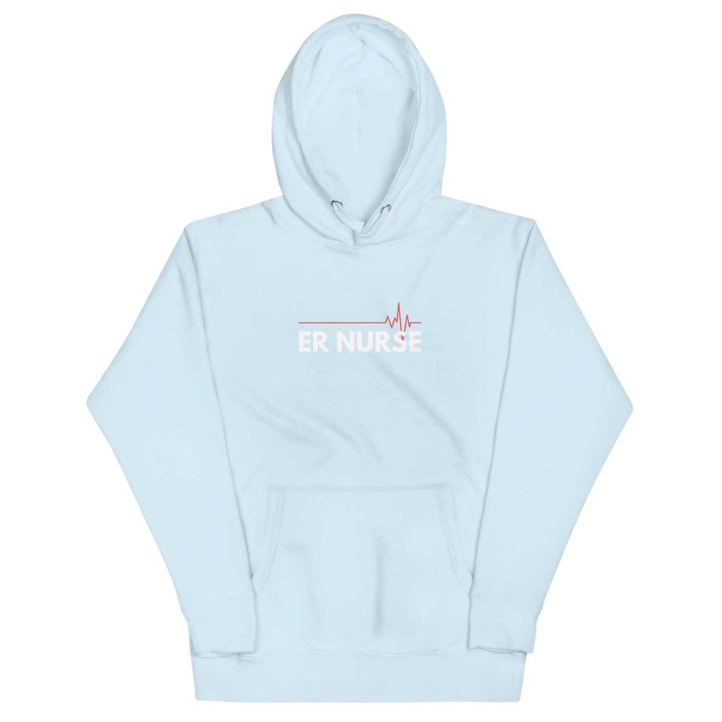 Light blue unisex hoodie with "ER NURSE" graphic and heartbeat line, perfect for healthcare professionals.