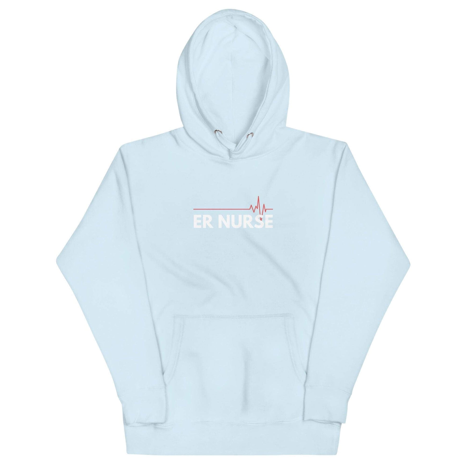 Light blue unisex hoodie with "ER NURSE" graphic and heartbeat line, perfect for healthcare professionals.