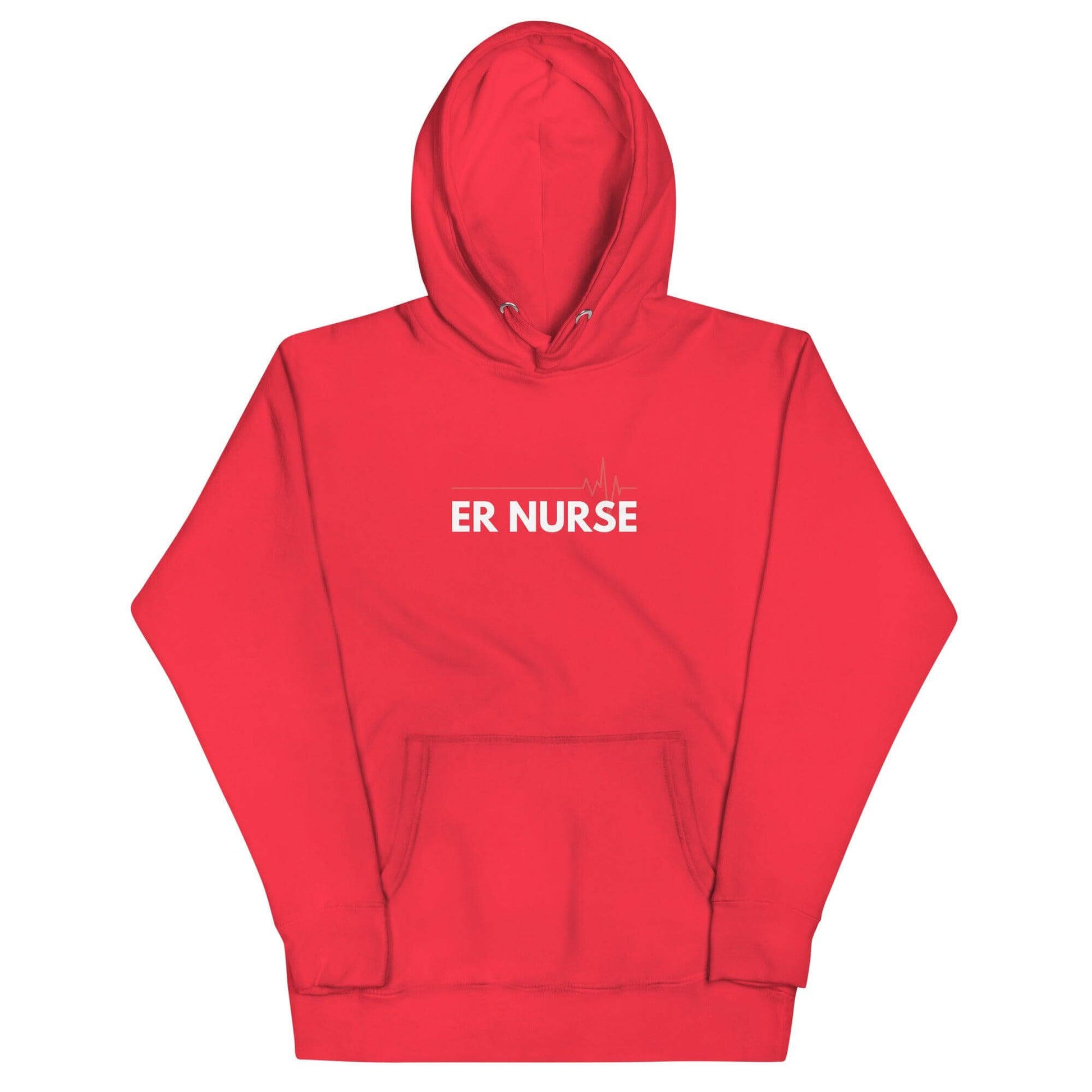 Red hoodie for ER nurses with a front pouch pocket, featuring 'ER NURSE' text design and a warm hood for cold shifts.