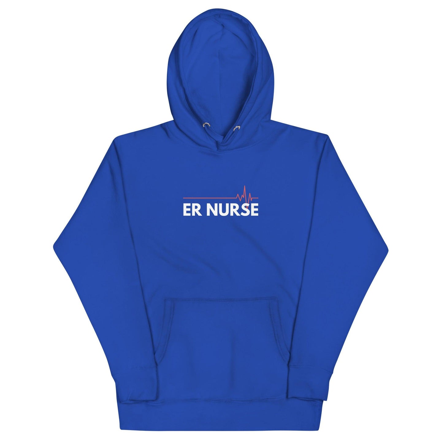 Blue unisex hoodie featuring "ER NURSE" print, perfect for healthcare professionals and gift ideas for nurses.