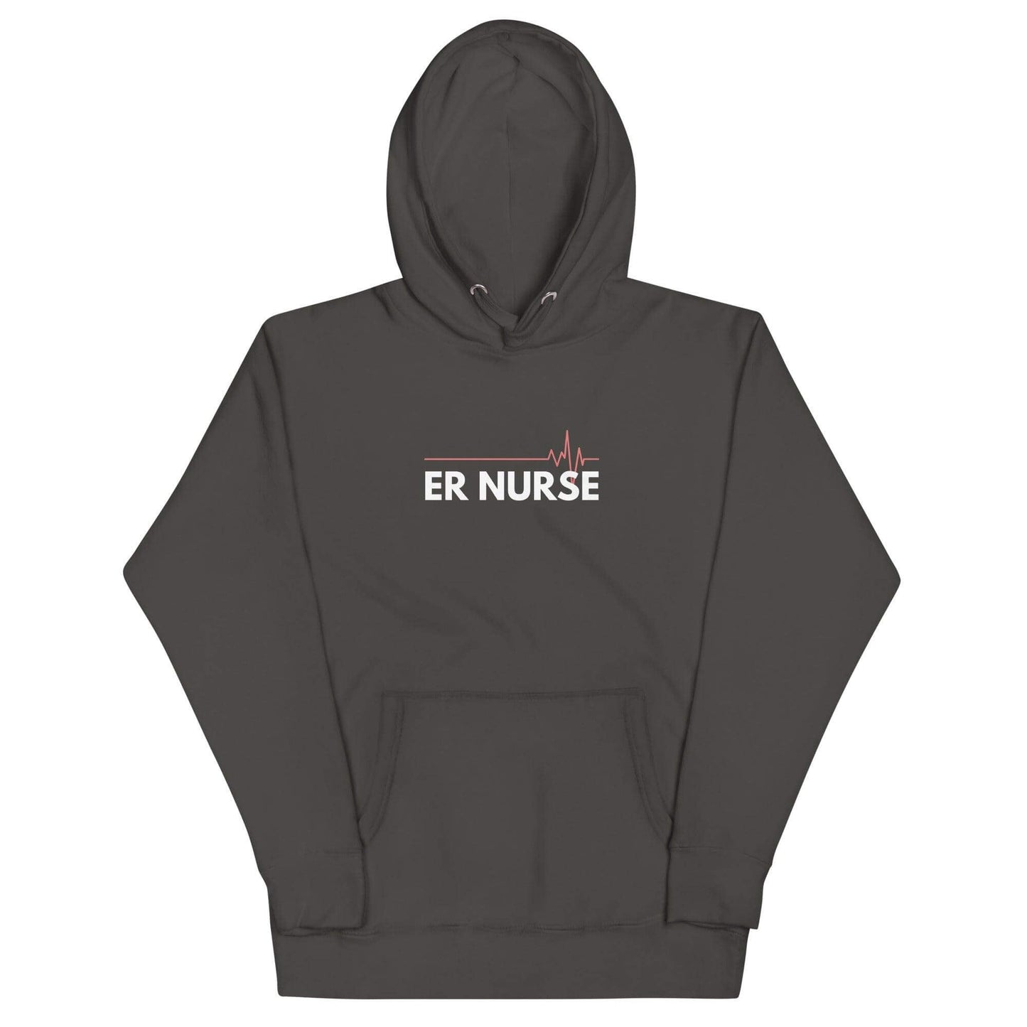 ER nurse hoodie in dark grey with heartbeat design, perfect for healthcare professionals and gifts for nurses.