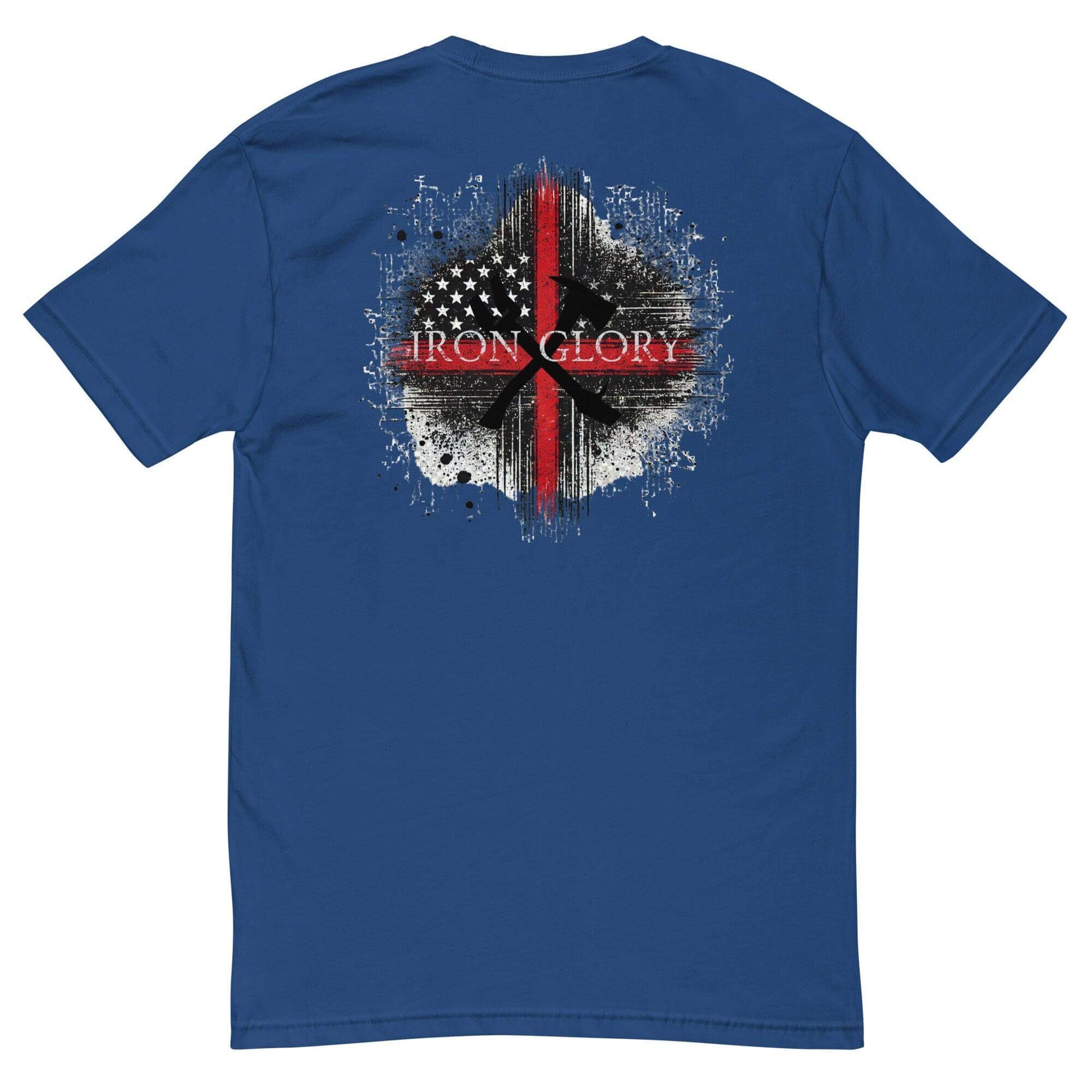 Blue t-shirt featuring a distressed Iron Glory graphic with American and British flags on the back.