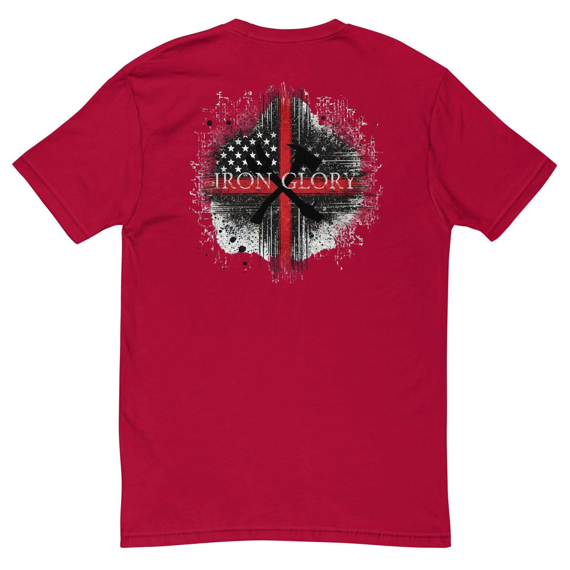 Red t-shirt featuring an artistic design with a combined American and British flag, branded "Iron Glory" on the back.