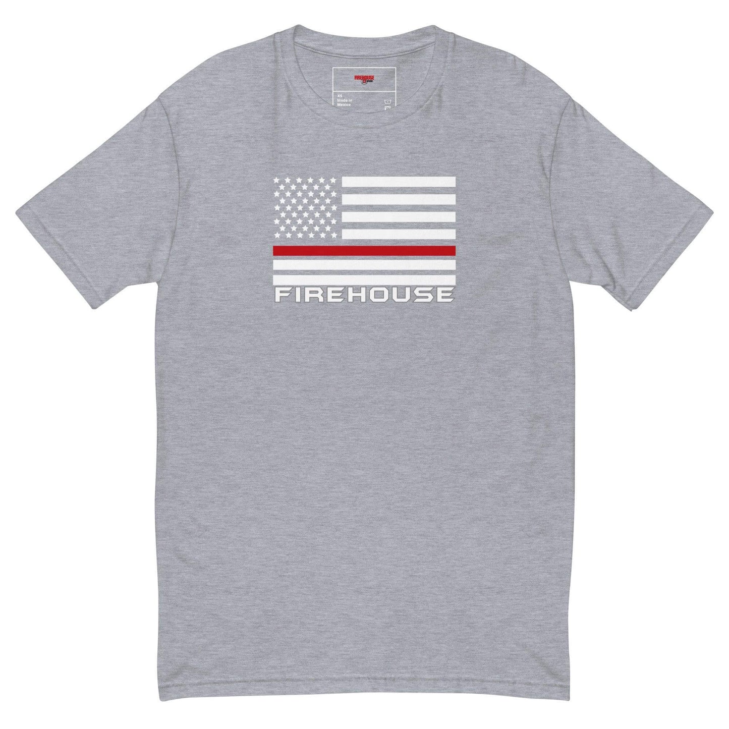 Grey short sleeve t-shirt featuring American flag design with "FIREHOUSE" text, ideal for firefighter apparel and gifts.