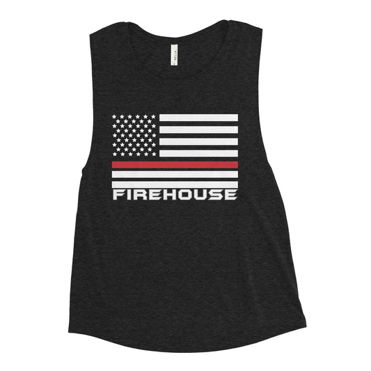 Firehouse ladies' muscle tank top featuring American flag design, perfect for firefighter gifts and apparel.