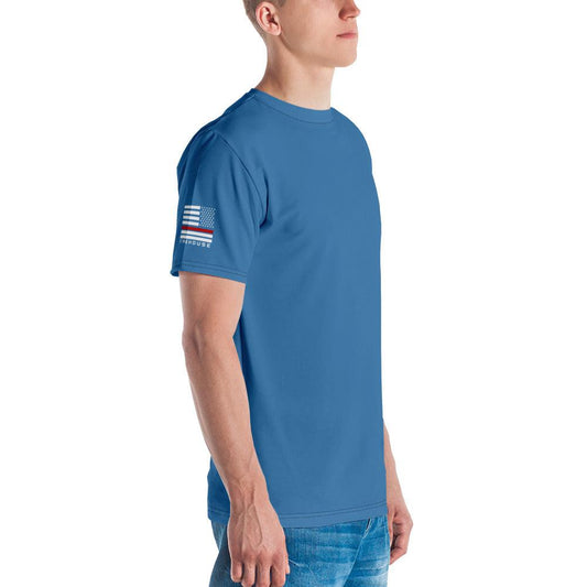 Men's blue t-shirt featuring flag design, perfect addition to firefighter apparel and firehouse gifts.