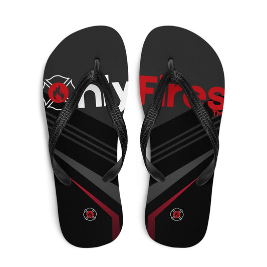 Firehouse OnlyFires™️ black unisex flip-flops featuring firefighter graphics and comfortable rubber sole.