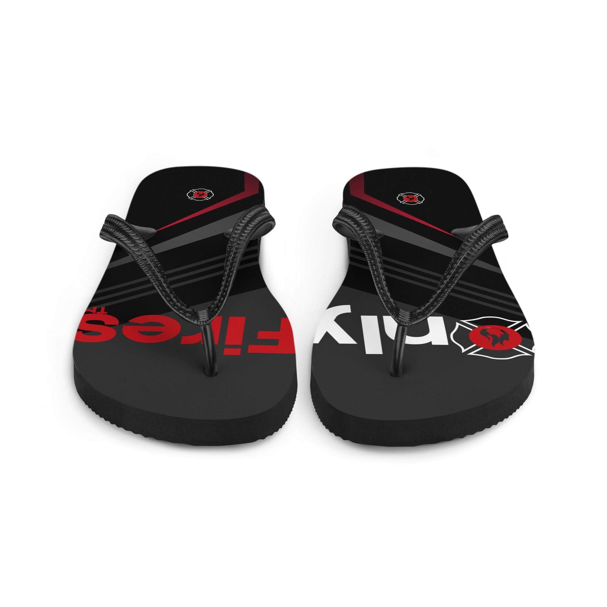 Firehouse OnlyFires™️ black unisex flip-flops with red accents, perfect summer footwear for firefighters and their fans.