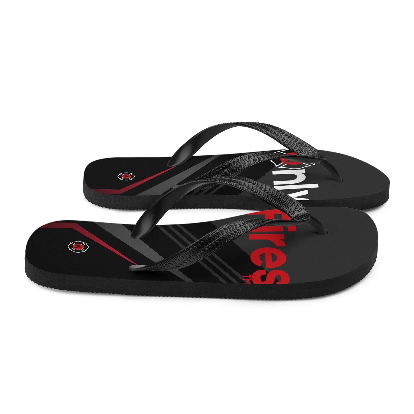 Firehouse OnlyFires™️ black unisex flip-flops with rubber sole and Y-shaped straps for firefighter gifts.