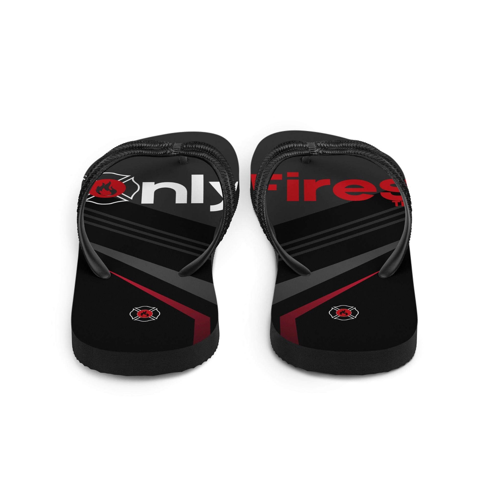 Black unisex flip-flops featuring OnlyFires™️ design, perfect firefighter gear and gifts for summer adventures.