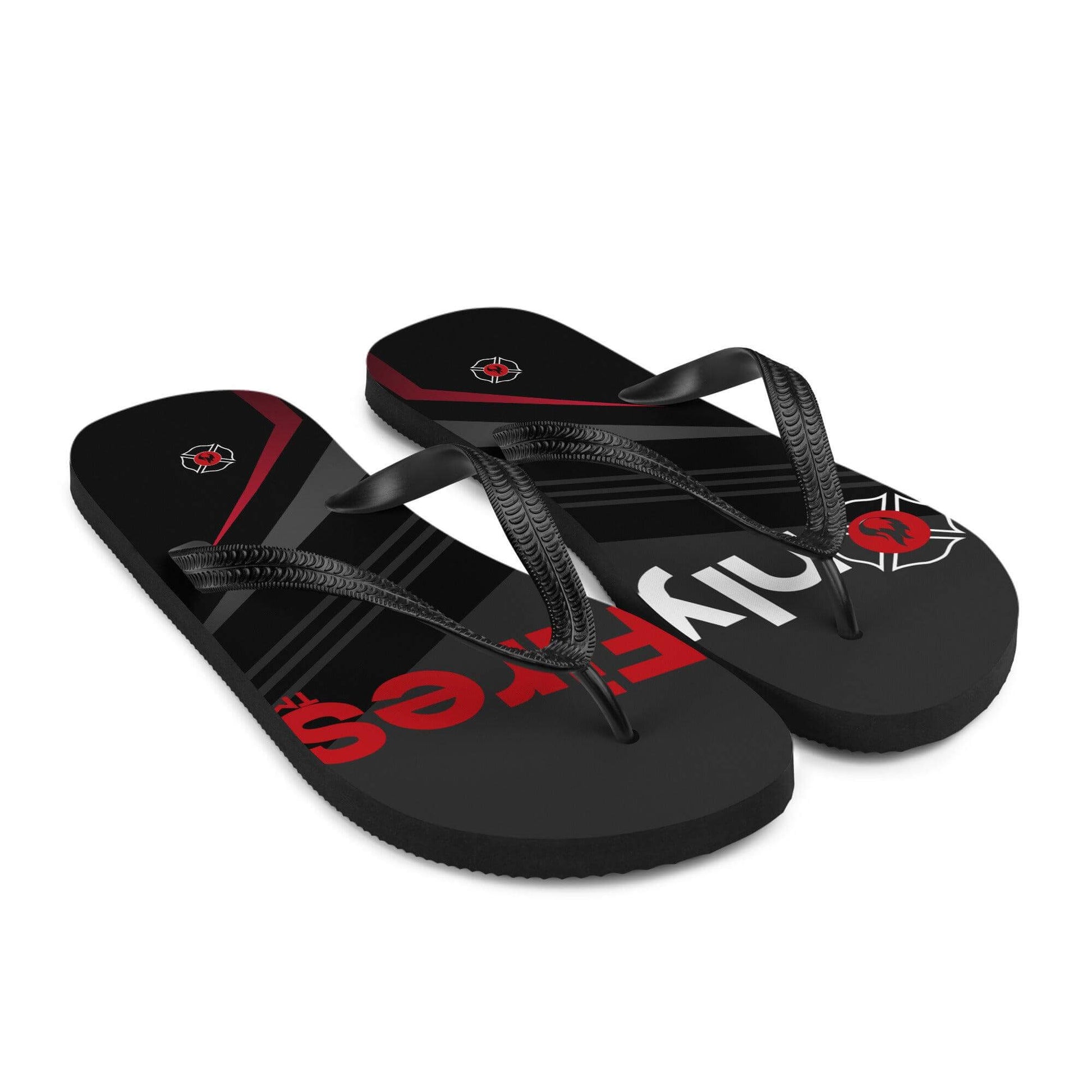 Firehouse OnlyFires™️ black unisex flip-flops with red firefighter design and rubber sole for summer comfort.