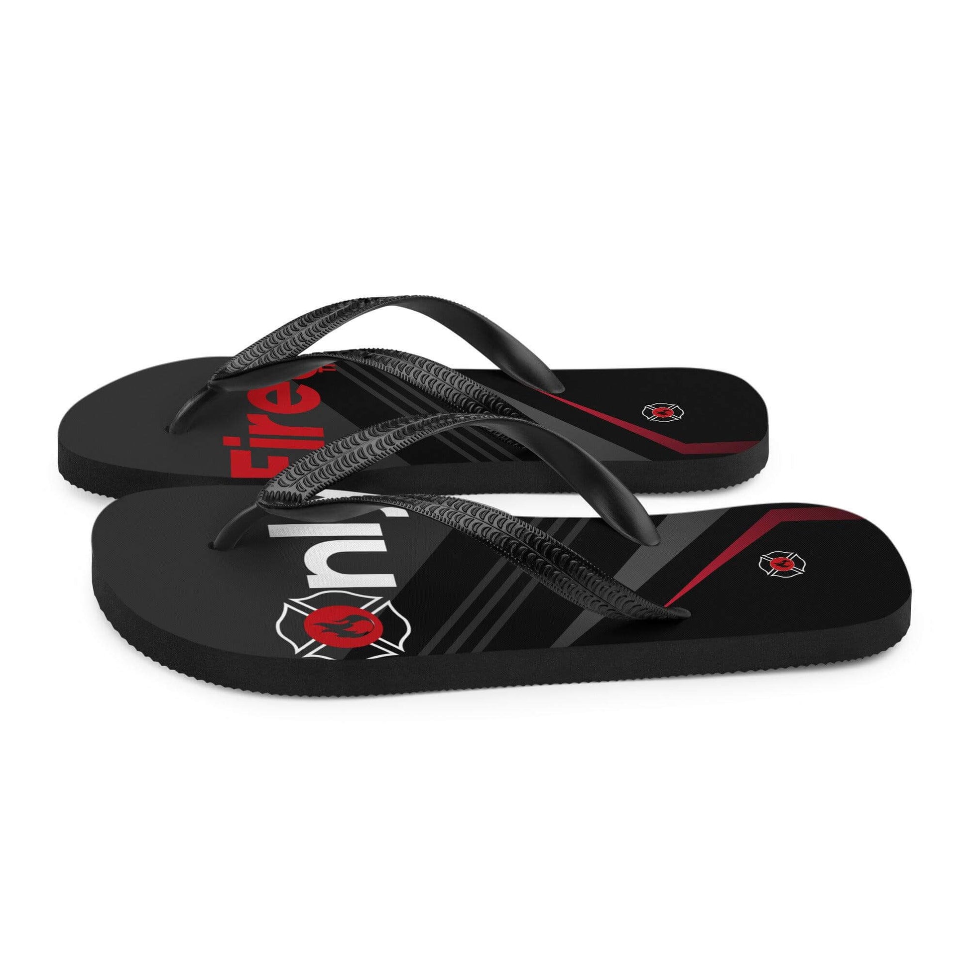 Firehouse OnlyFires™️ black unisex flip-flops with rubber sole and Y-shaped straps, perfect firefighter gifts.