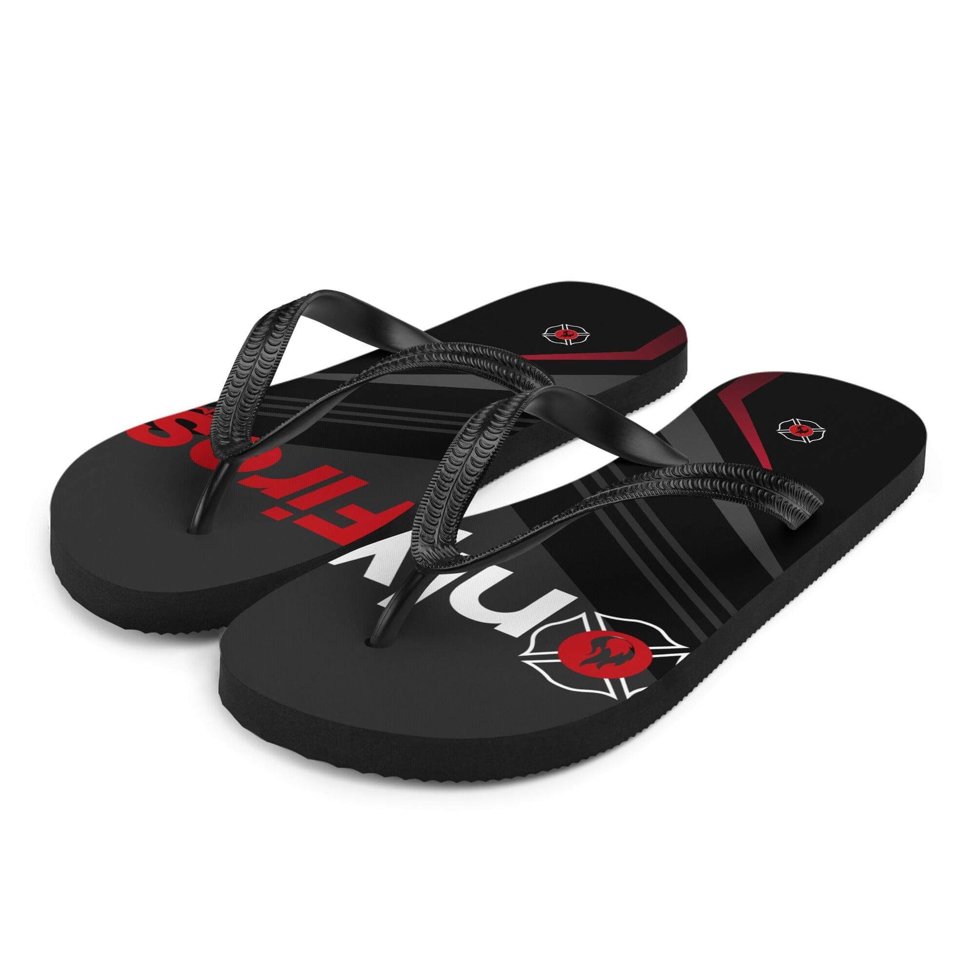 Firehouse OnlyFires™️ black unisex flip-flops with rubber straps and soft fabric lining for firefighters and summer adventures.