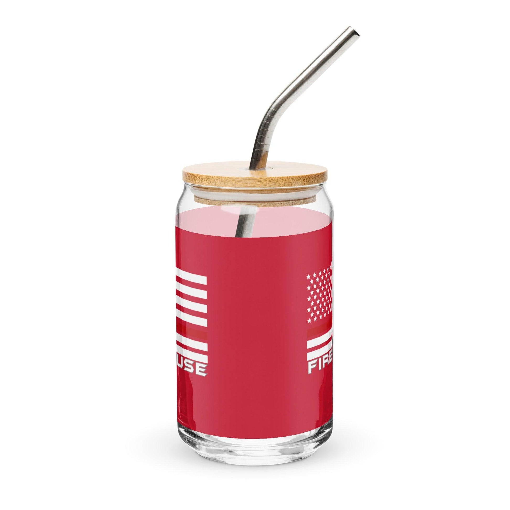 Firehouse "Ready Red" can-shaped drink glass with bamboo lid and straw, perfect for firefighter gifts and gear.