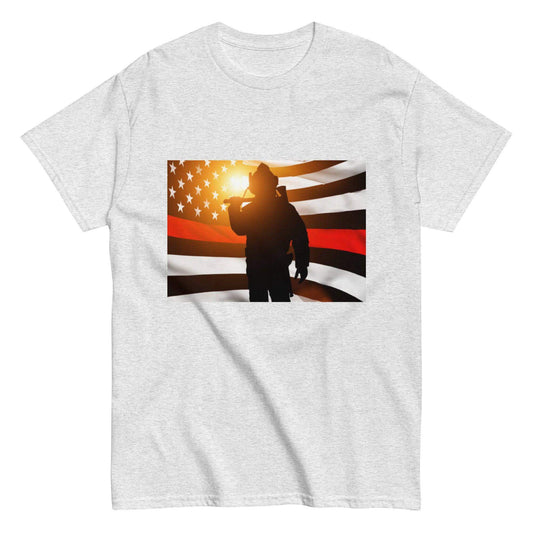 Unisex classic tee featuring a firefighter silhouette against an American flag backdrop, perfect for firefighter apparel.