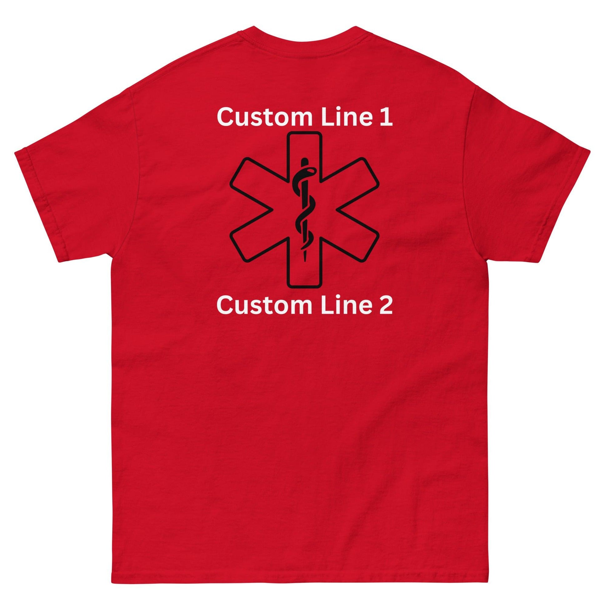 Red unisex classic tee featuring custom lines and medical star of life symbol, perfect for first responders and emergency services.