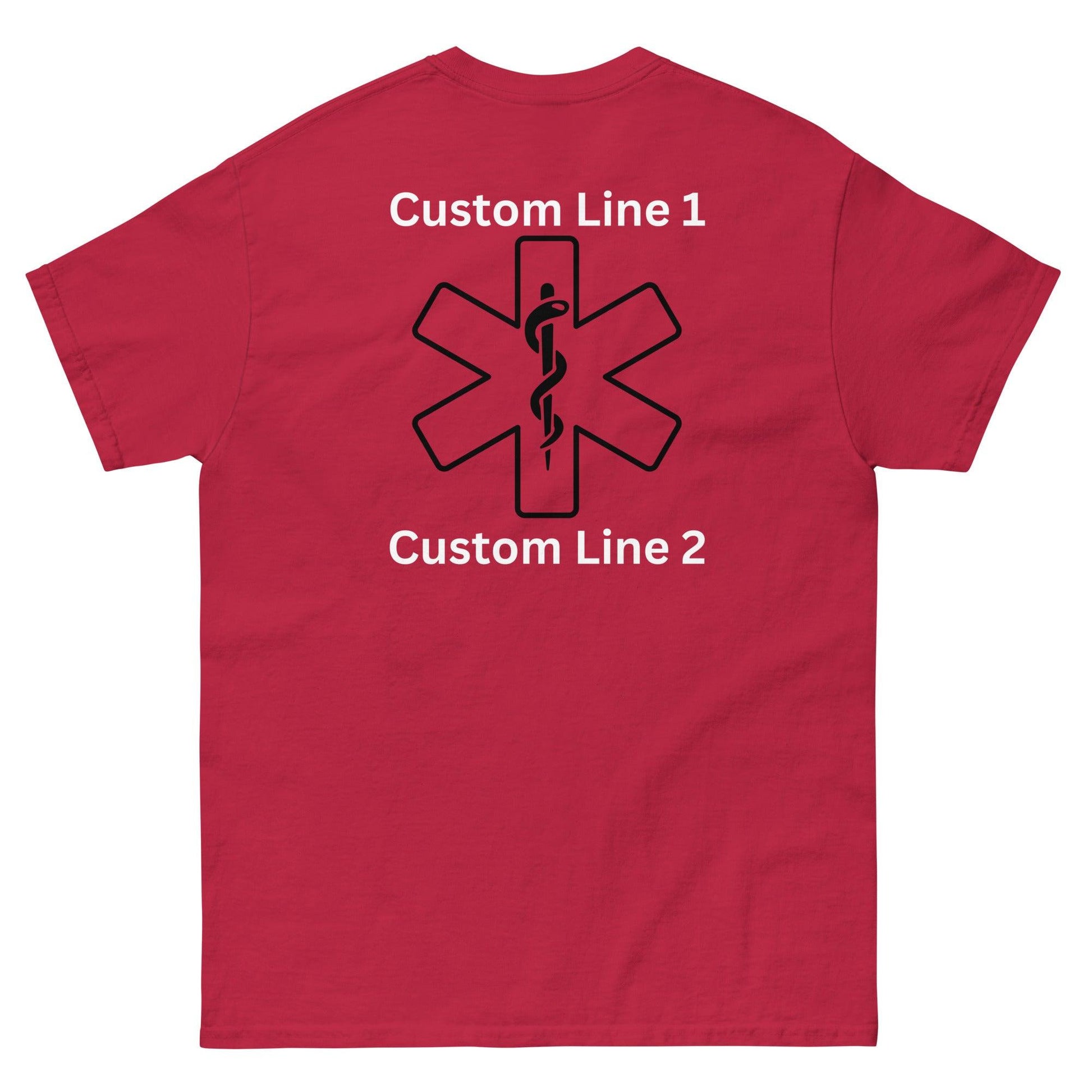 Red unisex classic tee featuring customizable text and medical symbol, ideal for firefighter gear and apparel.